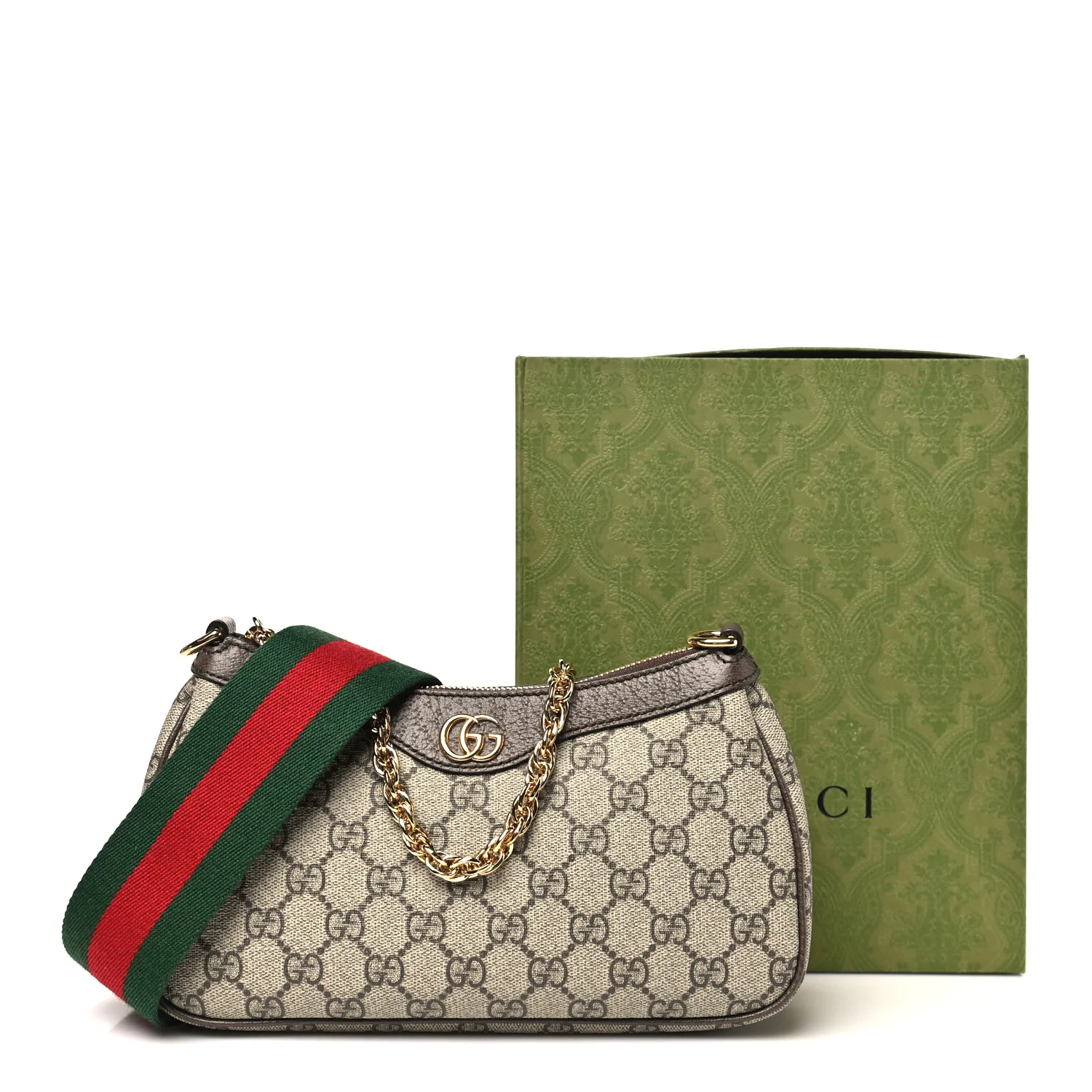 GG Supreme Monogram Textured Dollar Calfskin Web Small Ophidia GG Handbag Beige Ebony New Acero