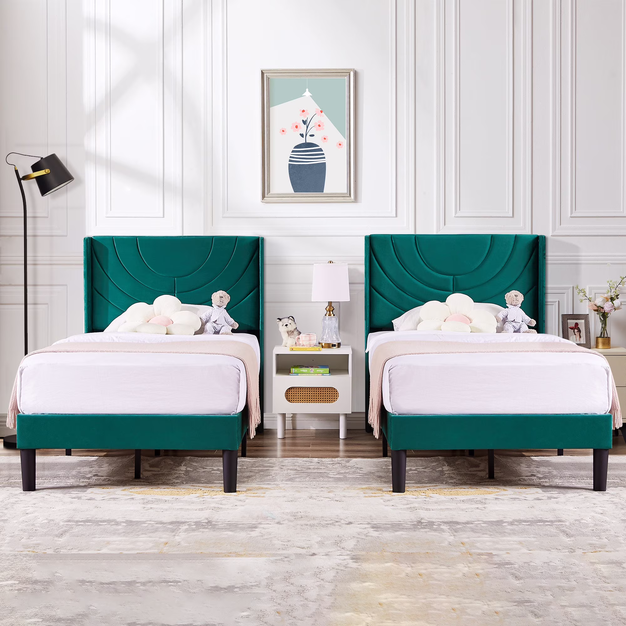 Set of 2 Twin Bed Frames, Modern Upholstered Platform Bed Frame with Tufted Headboard, No Box Spring Needed, Dark Green(Style C/Dark Green)