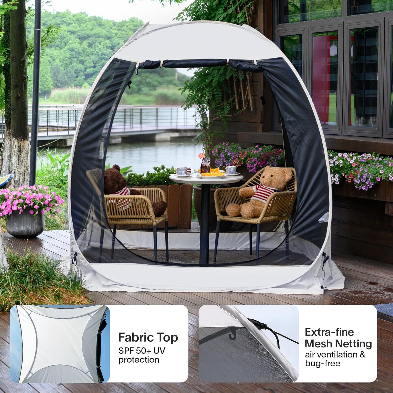 Gazebo moustiquaire pouvant accueillir 6, 10 ou 15 personnes. Tente de style igloo avec moustiquaire latérale. Idéal