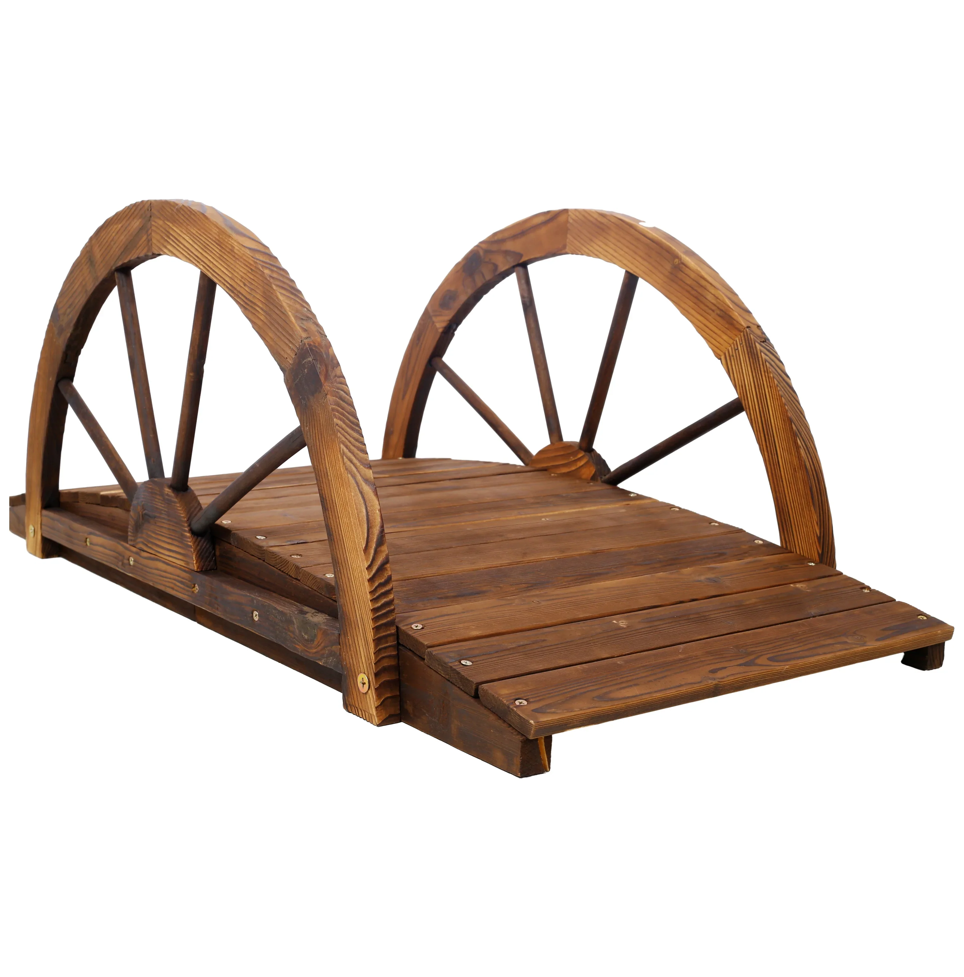 3.3ft Wooden Garden Bridge Arc Footbridge with Half-Wheel Style Railings & Solid Fir Construction, Stained Wood