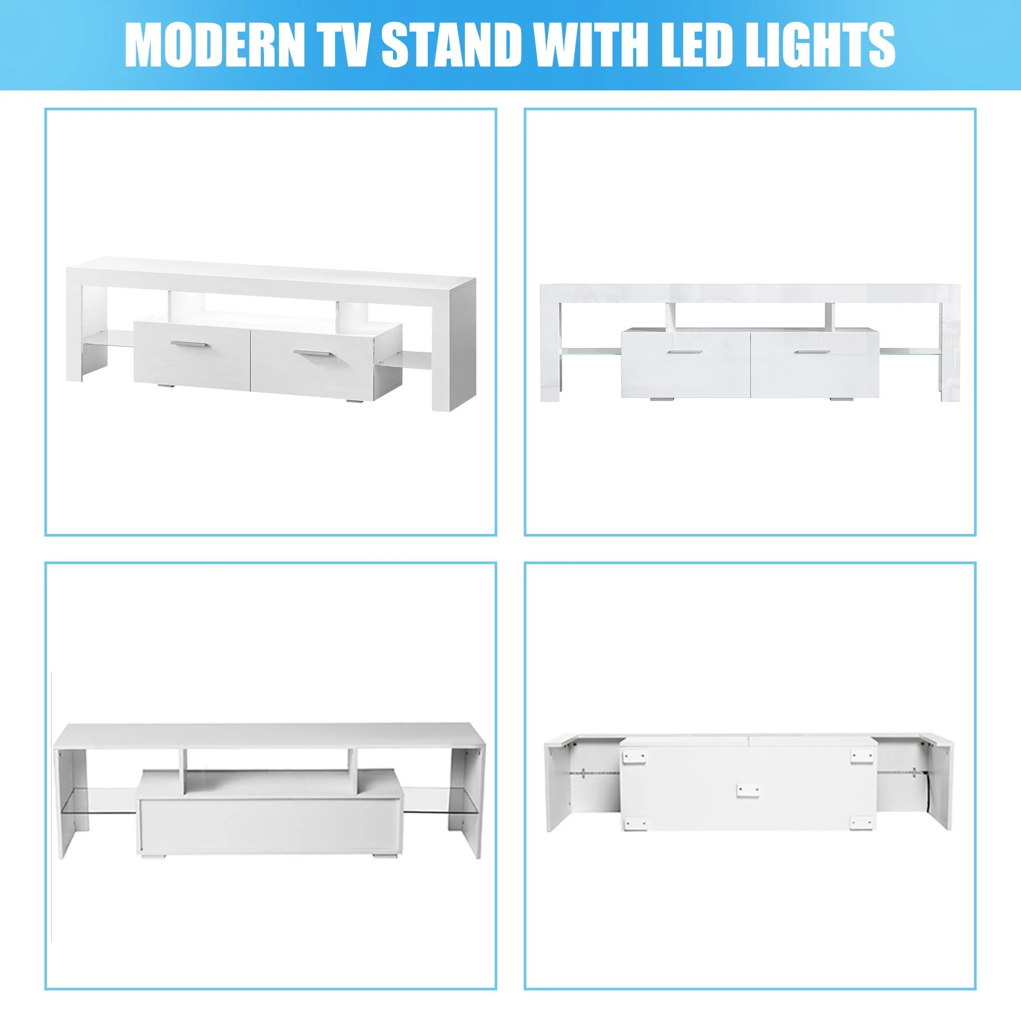 TV Stand for TVs up to 70", High Gloss TV Cabinet with LED Light, Modern TV Console Table with Storage Drawers, Media Television Stand Entertainment Center, White(70 inch/White) - Image 9