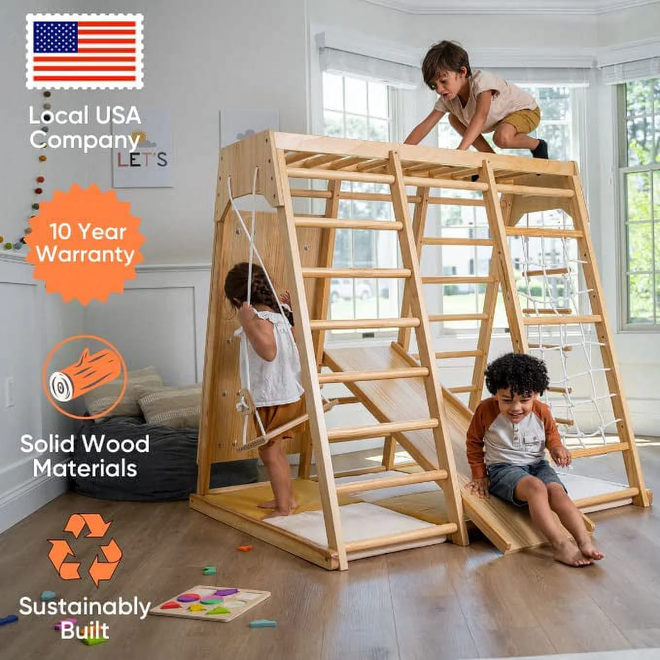 Avenlur Indoor Toddler and Child Indoor Gym Playground Climber Real Wooden Playset 6 in 1 Slide, Rock Climb Wall, Rope Wall Climbing, Monkey Bars, Swing, Ladder Fun Gym for Children Image 9