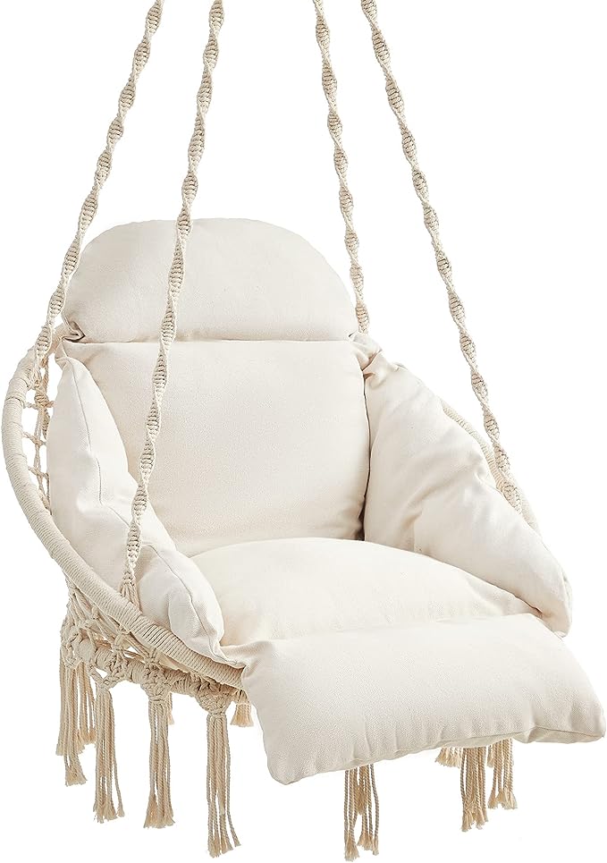 Fauteuil suspendu SONGMICS, fauteuil hamac avec grand coussin épais, style bohème, idéal pour chambre, terrasse, balcon, jardin, salon, supporte jusqu'à 120 kg, blanc nuage UGDC042M01