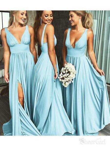 Burgundy A Line Deep V Neck Cheap Bridesmaid Dresses For Wedding DMI92