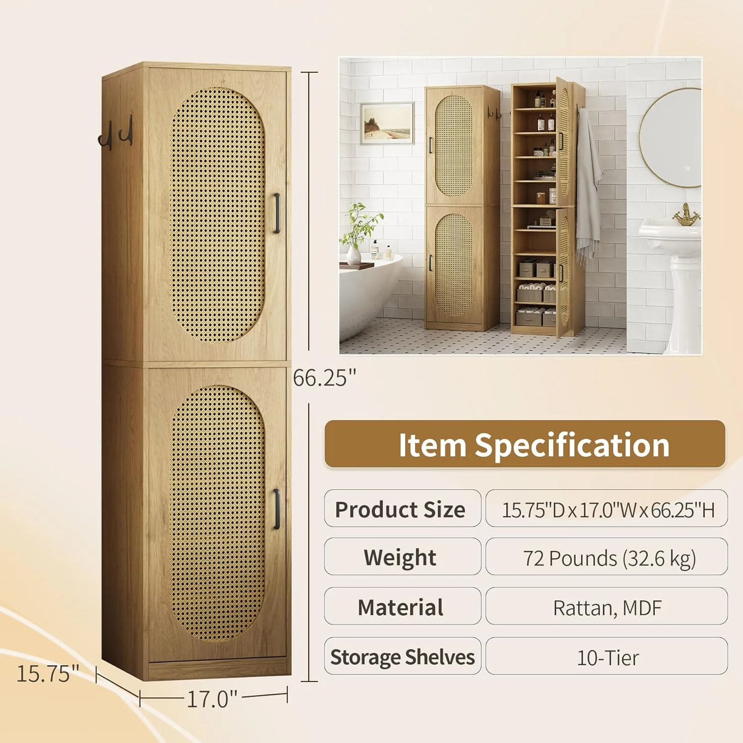 66 - Inch Bathroom Storage Cabinet with Rattan Doors, Bath Room Organizer Floor Cabinets Brown