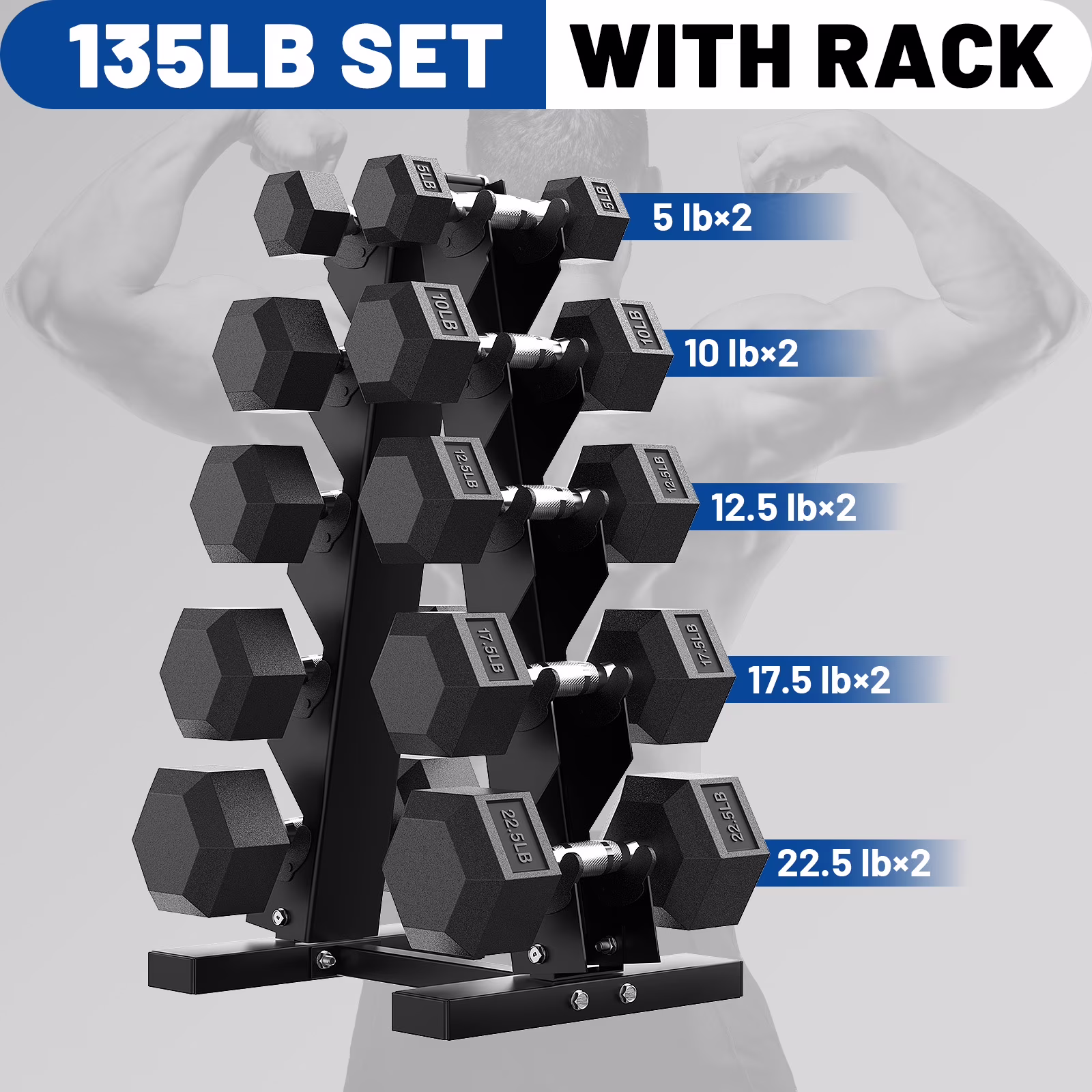 150 lb Dumbbell Set with Rack, Rubber Encased Hex Free Weights for Home Gym Strength Training(150 lb (5, 10, 15, 20, 25 lb) X 2 Rack) - Image 7