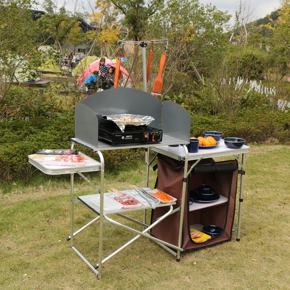 Folding Cooking Table Outdoor Portable Cook Station Aluminum Camping Kitchen with Storage Organizer,Silver Image 7