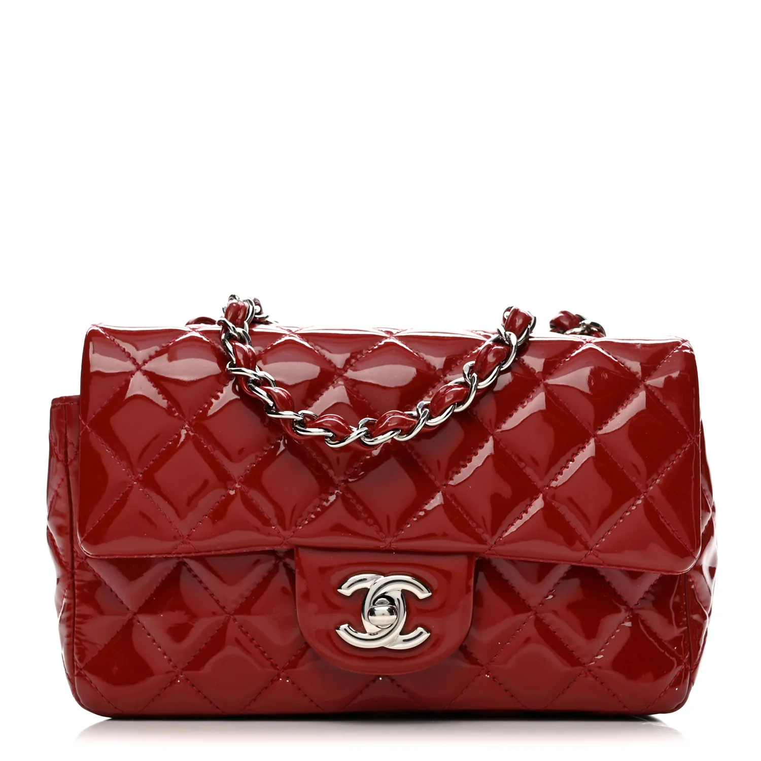 Patent Calfskin Quilted Mini Rectangular Flap Dark Red