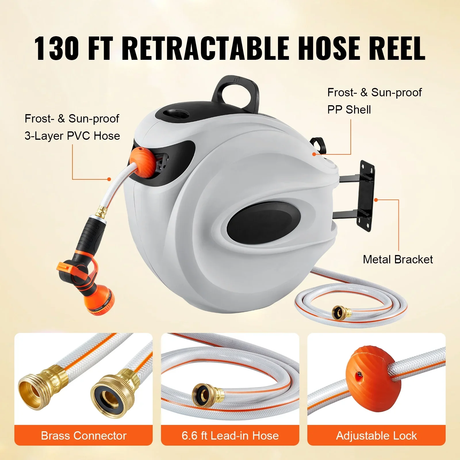 BENTISM Retractable Hose Reel, 115 ft x 1/2 inch, 180�� Swivel Bracket Wall-Mounted, Garden Water Hose Reel with 9-Pattern Nozzle, Automatic Rewind, Lock at Any Length, and Slow Return System