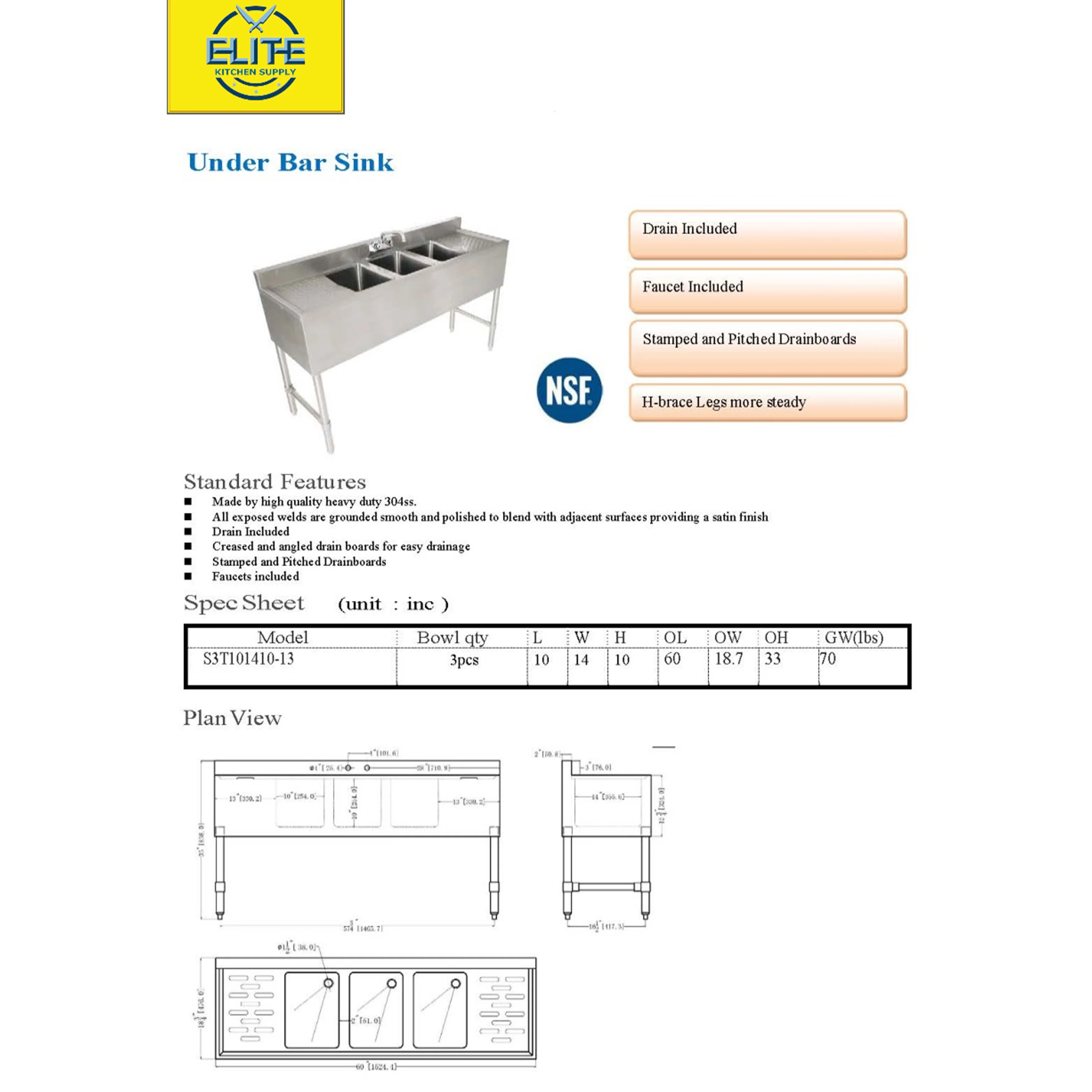 60 In. 3 Compartment Bar Sink with Faucet, NSF Commercial Sink with Drainboard 20 Gauge, Freestanding Stainless Steel Sink