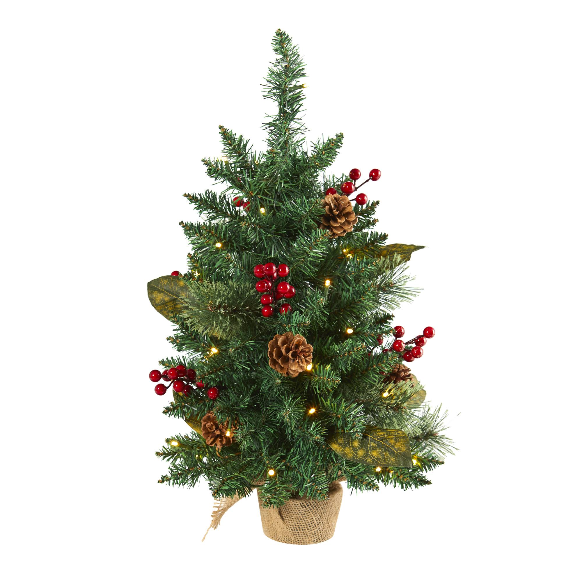 Nearly Natural 2ft. Pine, Pinecone and Berries Artificial Christmas Tree with 35 LED Lights and 86 Bendable Branches