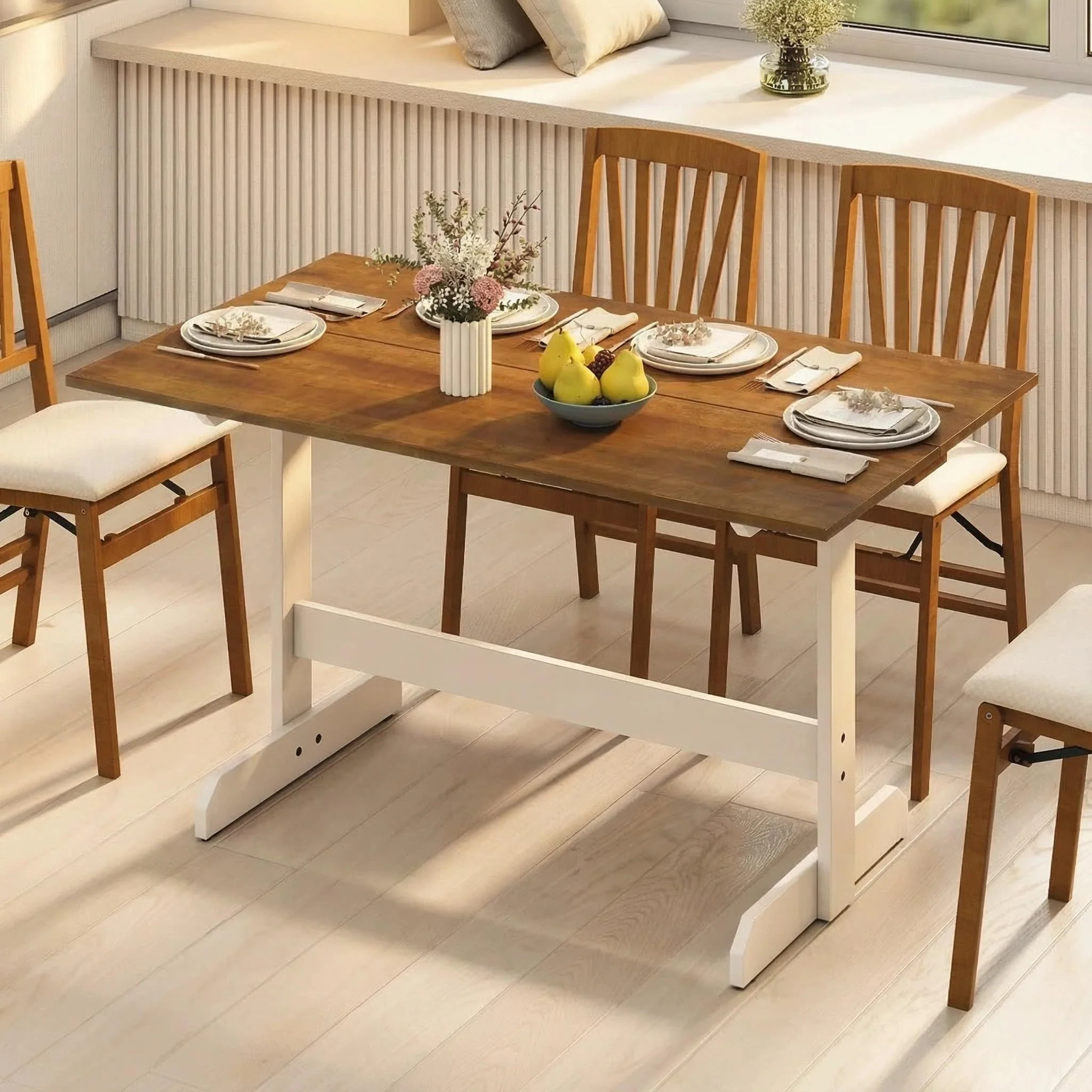 Tangkula 55 Inch Dining Table for 4-6 People Rectangular Kitchen Table with Solid Wood Trestle Base