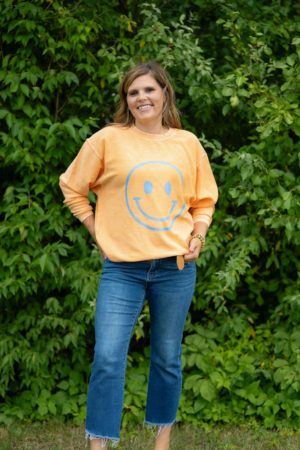 Vibrant Smiley Ribbed Graphic Crewneck