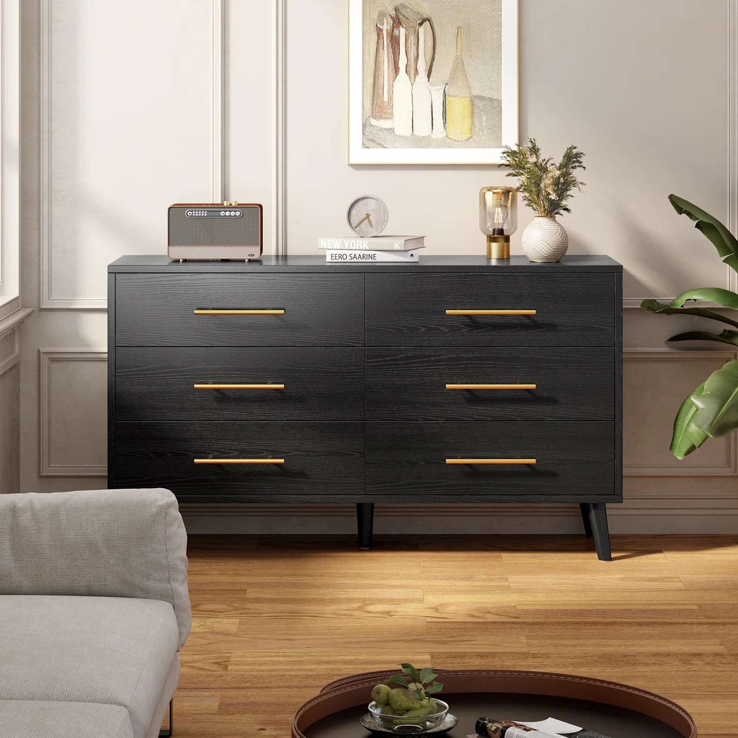 3 Piece Bedroom Furniture Set, 6 Drawer Dresser with 2 Nightstands, Modern Wood Storage Organizer with Metal Handles for Bedroom, Living Room,Black(Black) - Image 4