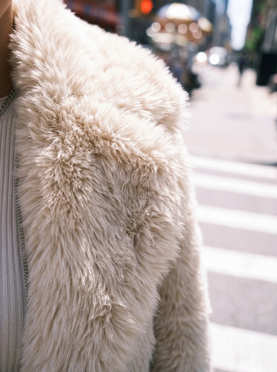 Stanetco Women's Short Cream Faux Fur Coat - Cropped Fluffy Winter Jacket, Elegant Warm Shaggy Outerwear with Lapel Collar