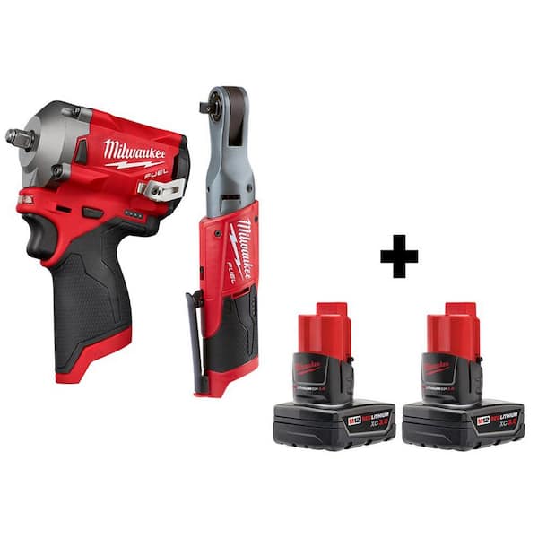 M12 FUEL 12V Lithium Ion Brushless Cordless Stubby 3/8 in  Impact Wrench 3/8 in  Ratchet with two 3 0 Ah Batteries