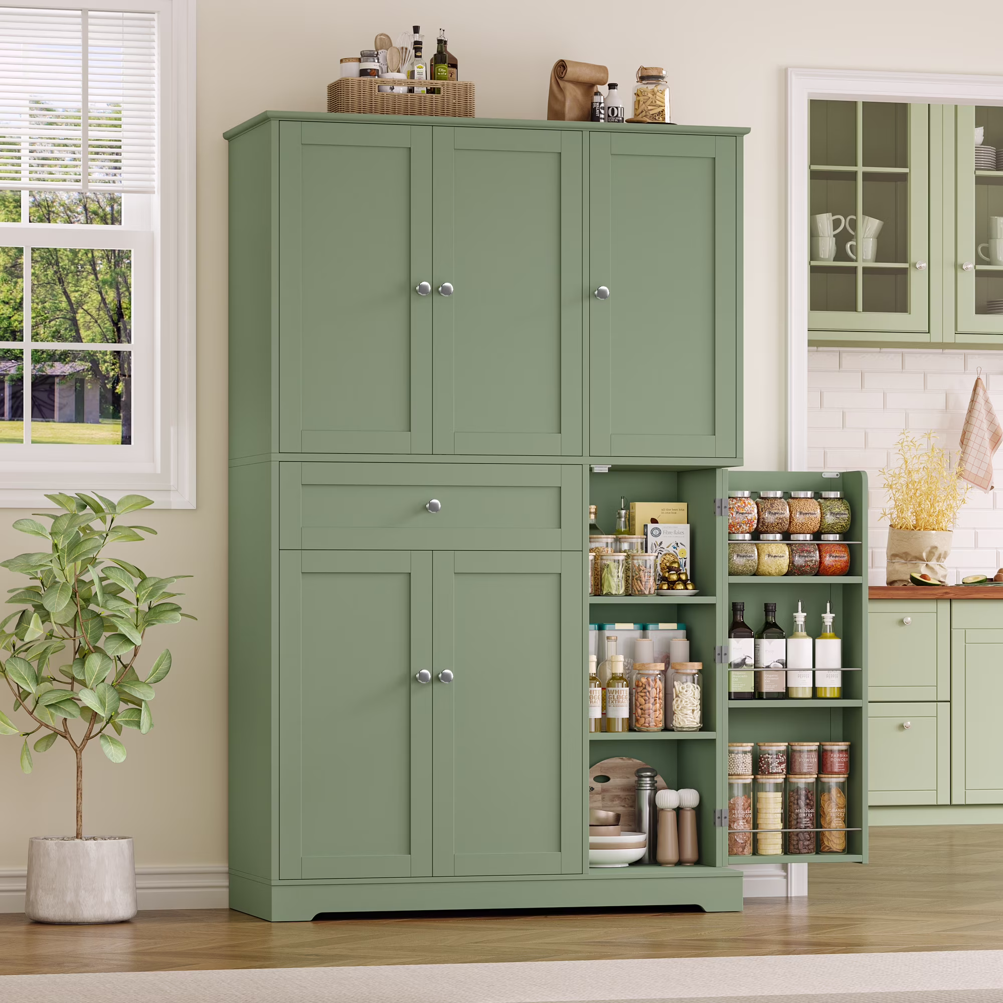 Kitchen Pantry Storage Cabinet, 68" Food Pantry Cabinet with Drawer and Door Shelf, 6 Door Freestanding Cupboard Buffet for Dining Room, White(White) - Image 3