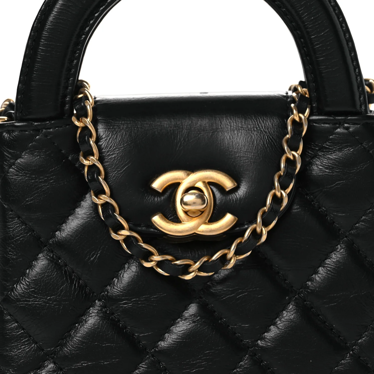 Shiny Aged Calfskin Quilted Mini Nano Kelly Shopper Black