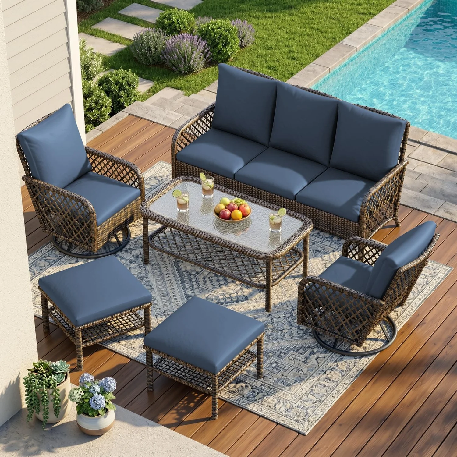 AECOJOY 7-Seat Patio Furniture Set, 6-Piece Wicker Conversation Set with Swivel Rocking Chairs & Ottoman