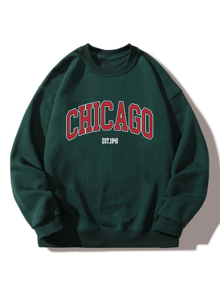 Sweat-shirt décontracté à col rond imprimé Chicago
