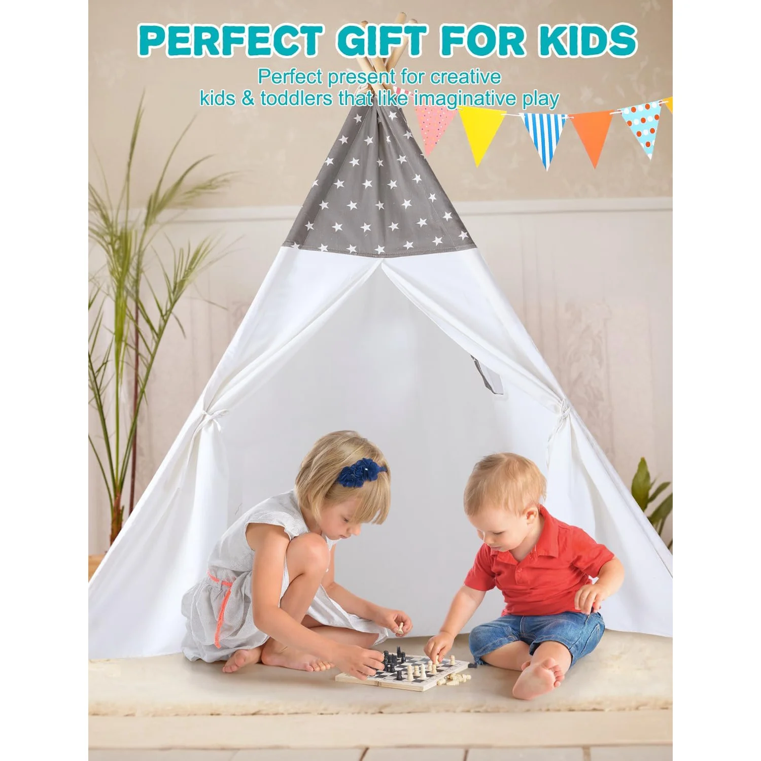 Teepee Tent for Kids Slumber Party 100% Cotton Foldable Kids Tent Indoor with Light Flag Play House Outdoor Toddler Tipi Playroom for Girls Gift Toys Tee Pee Tents(Stars Design) Grey Teepee - Image 5