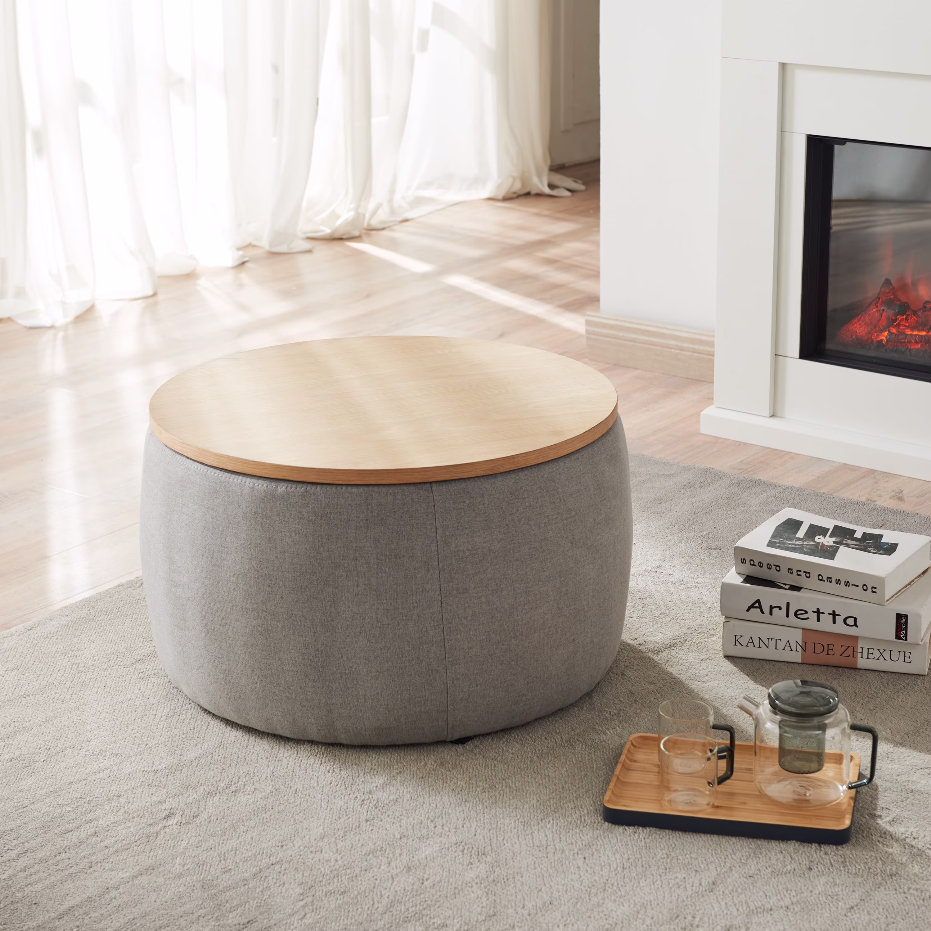 BTMWAYRound Coffee Table, 2 in 1 Round Storage Ottoman with Reversible Lid Tray, Upholstered Round Storage Ottoman Coffee Table with Storage, Footstool End Table for Living Room, Bedroom, Light Gray(Light Gray)