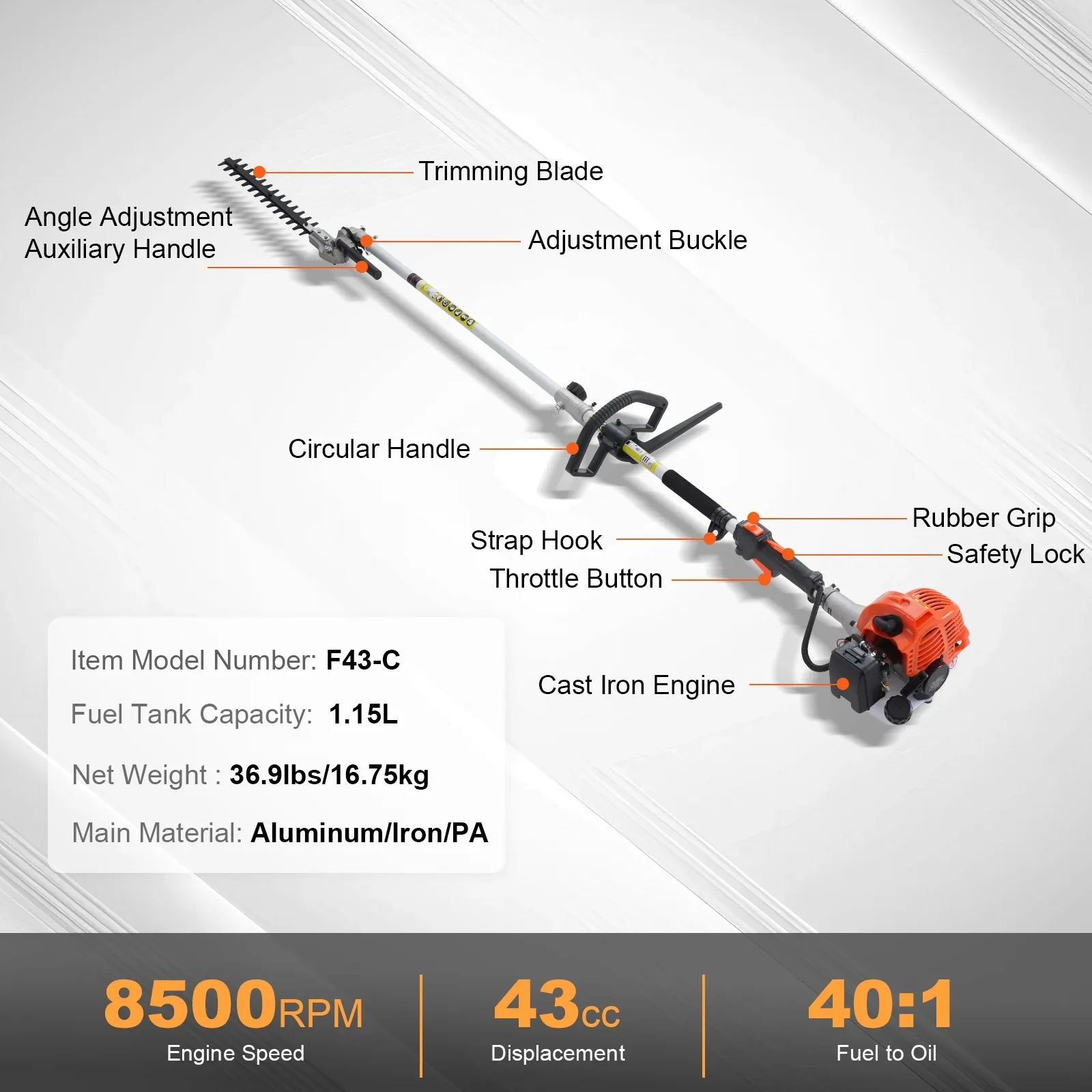 KFFKFF 26CC 5-in-1 Versatile Gardening Tools, Gas-Powered Hedge Trimmer, Grass Cutter, Line Trimmer, Edger, and Pole Saw with Extendable Shaft