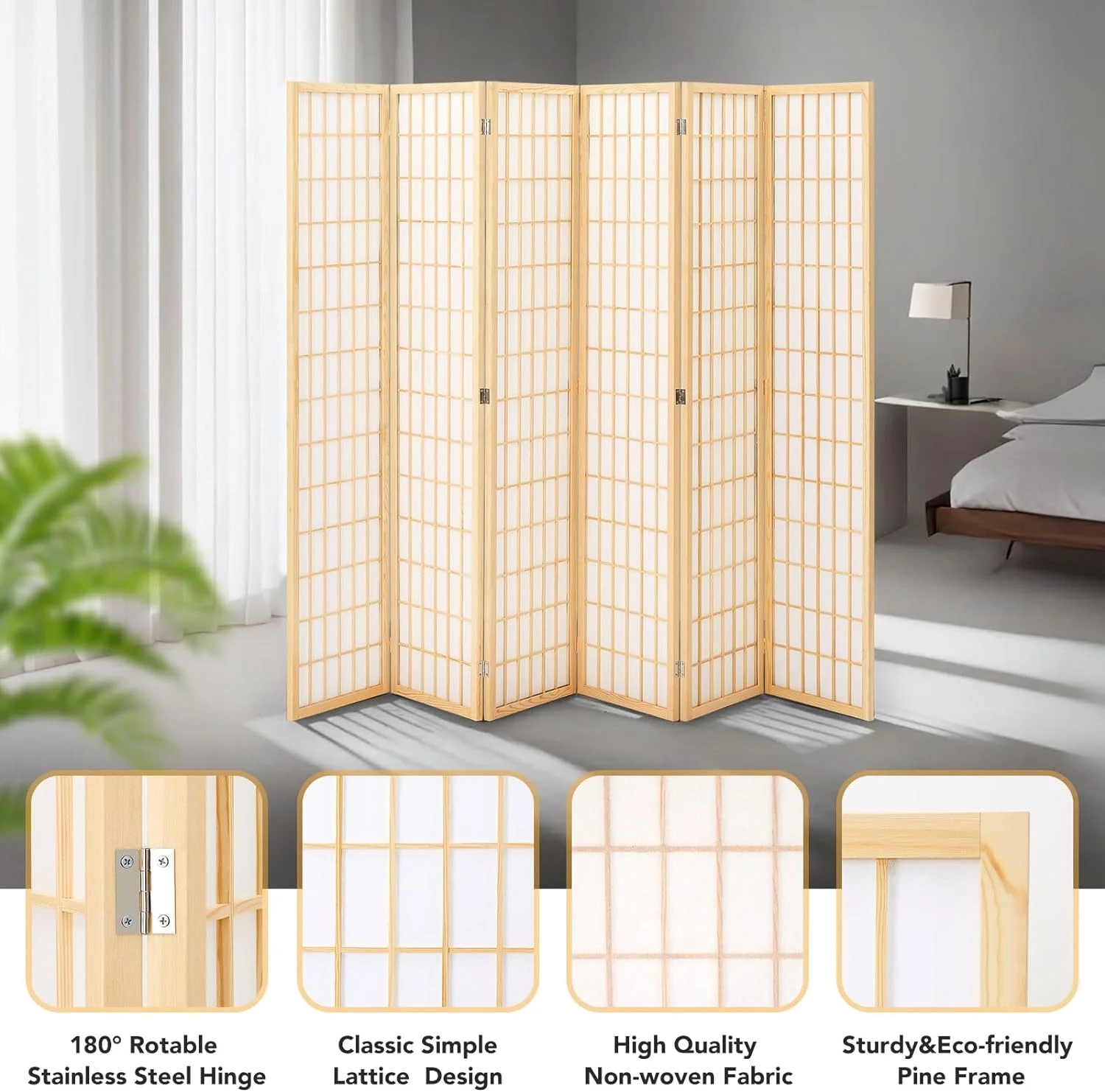 Room Divider Wall Shoji Screen, 6 Panel Folding Privacy Screen for Room Separation, Japanese Wood Room Divider Screen, 5.9 Ft, Natural(6 Panels/Nature) - Image 4