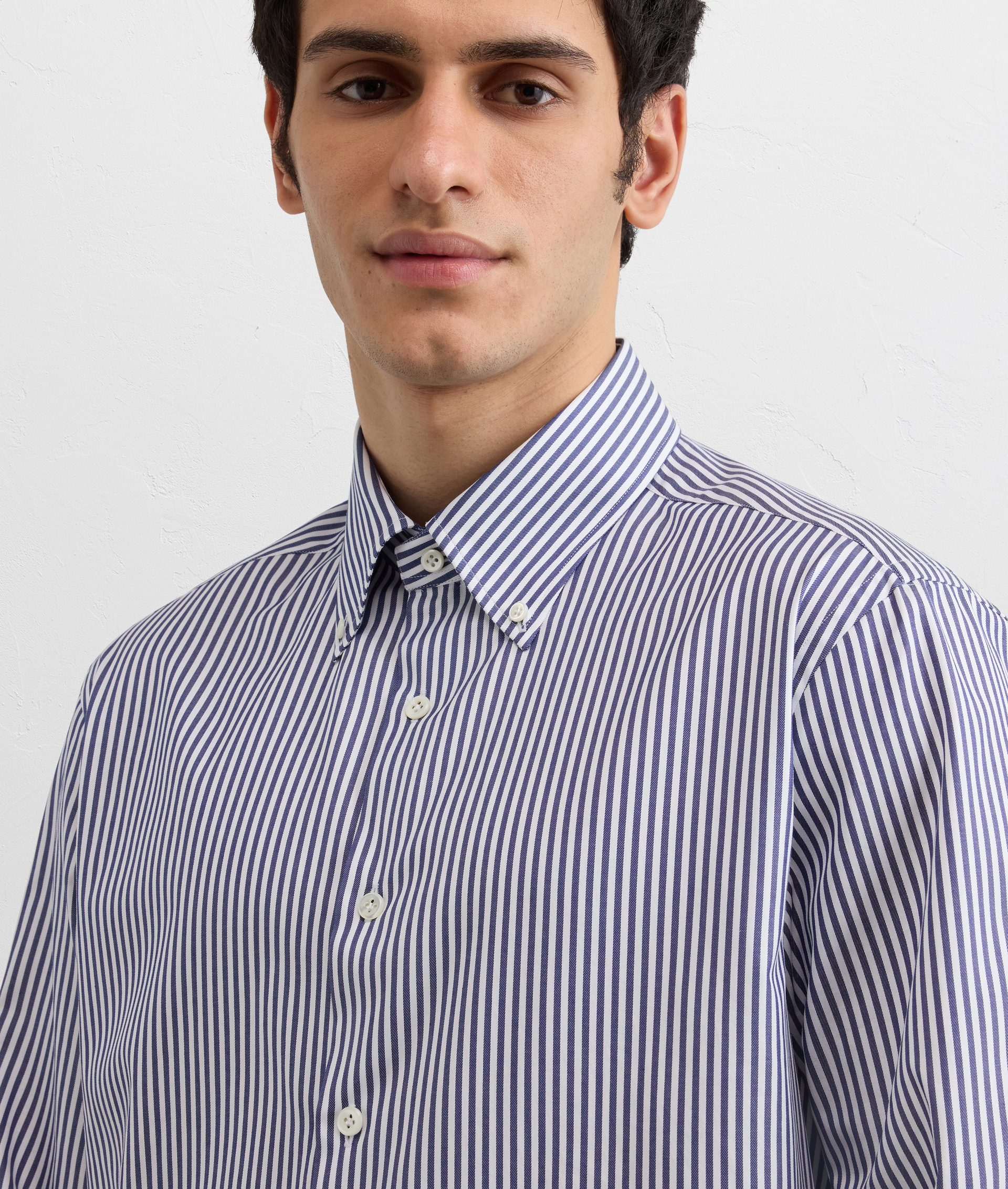 NAVY BLUE STRIPED COTTON BUTTON DOWN SHIRT WITH COCOON COLLAR