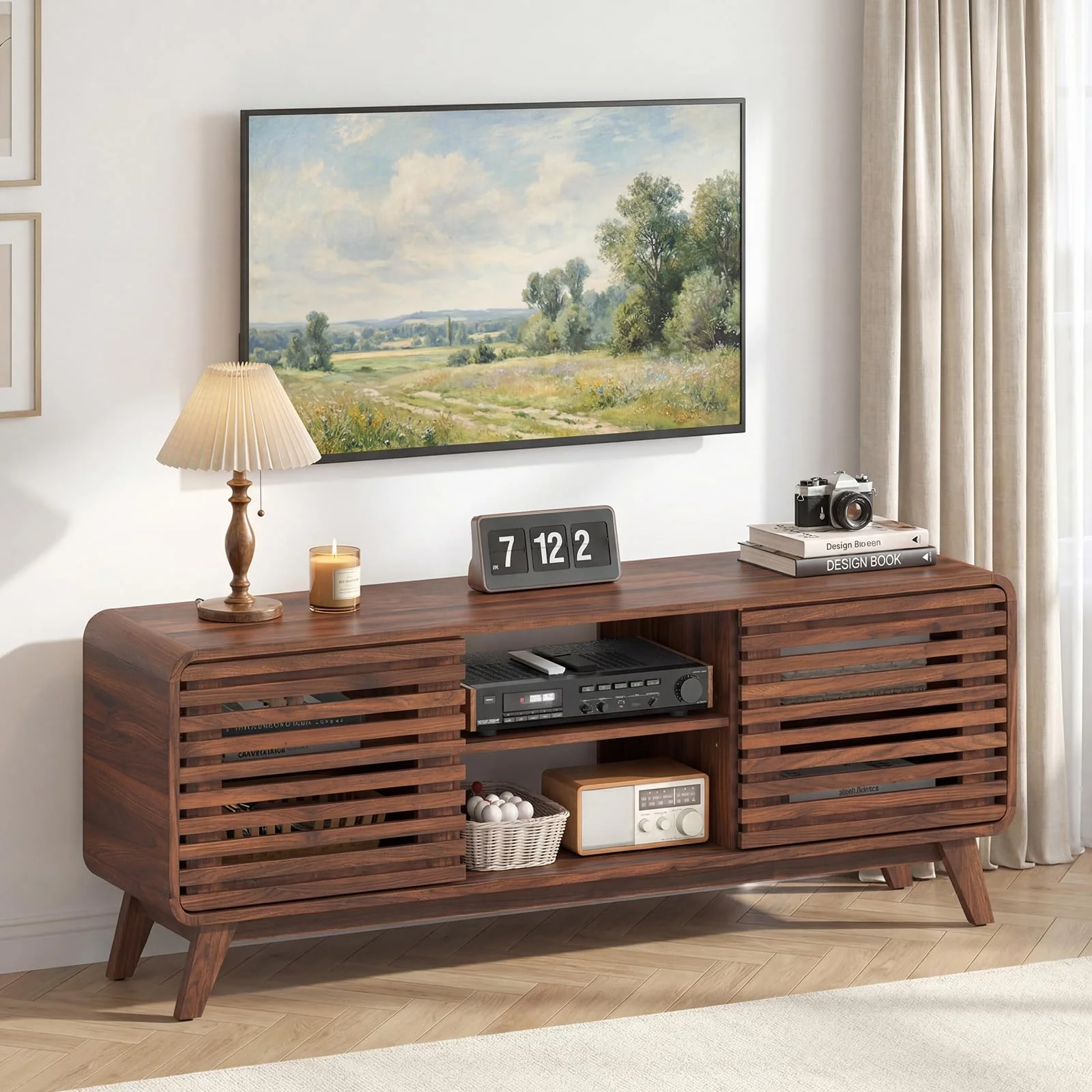 Tangkula Walnut Mid Century Modern TV Stand for 65” TVs with Grille-Style Sliding Doors
