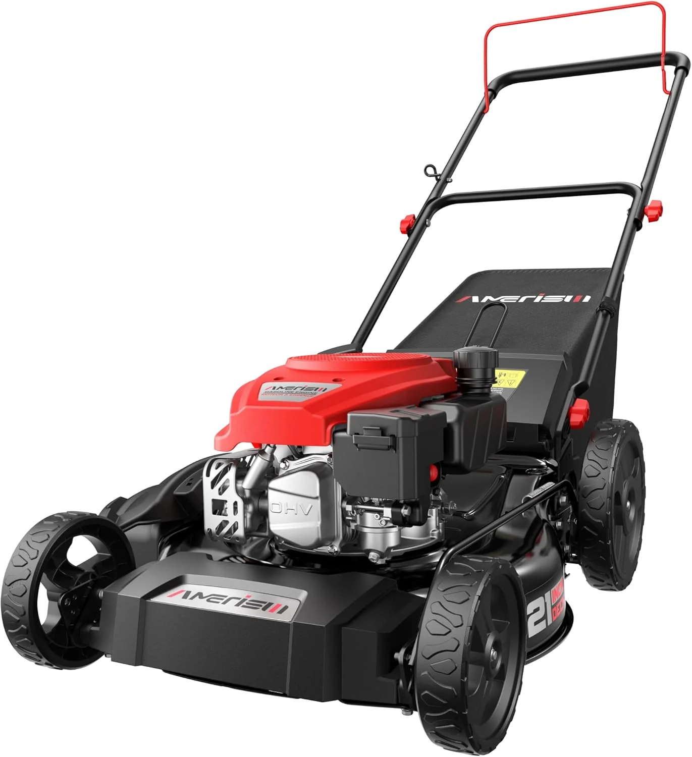 Tondeuse à gazon à essence avec plateau de coupe en acier de 53 cm (21 po), tondeuse 3 en 1 robuste, moteur 4 temps de 144 cm3, réglage de la hauteur de coupe sur 6 positions, grand bac de ramassage de 53 litres (1,4 boisseau), durable et efficace po