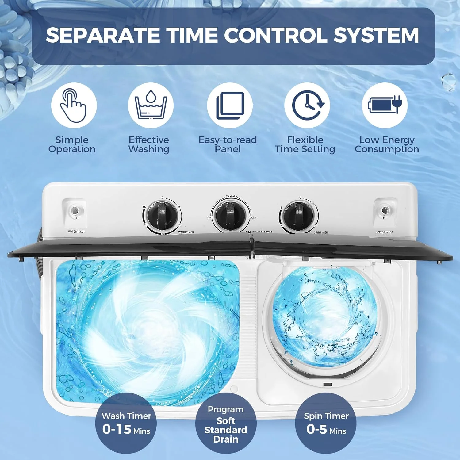 Portable Washer 30lbs, 2-in-1 Twin Tub Washer Dryer Combo Compact Semi-Automatic Washing Machine with Drain Pump, Black(Black) - Image 4