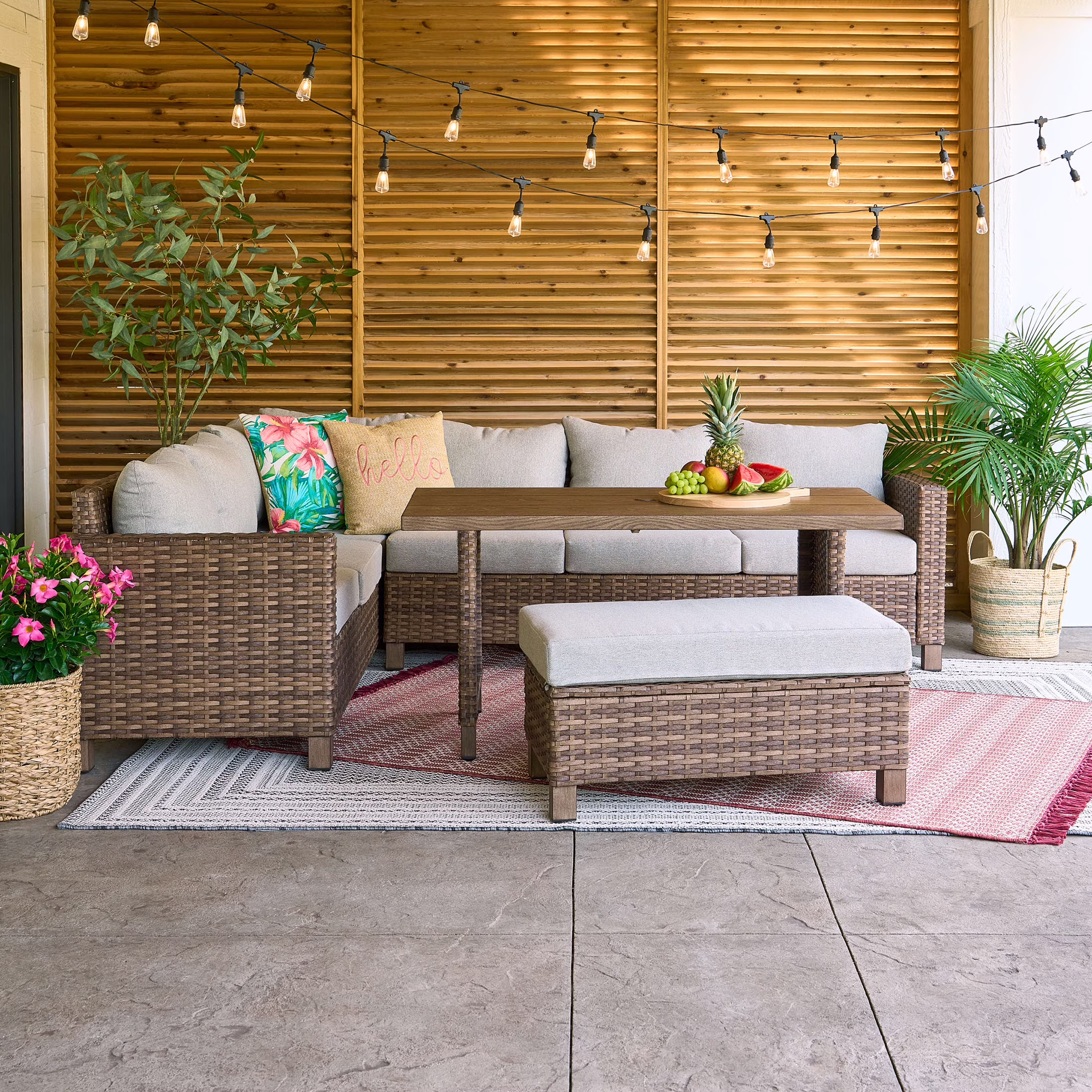 Better Homes & Gardens Brookbury 4 Piece Outdoor Wicker Patio Sectional Dining Set, Gray Cushions