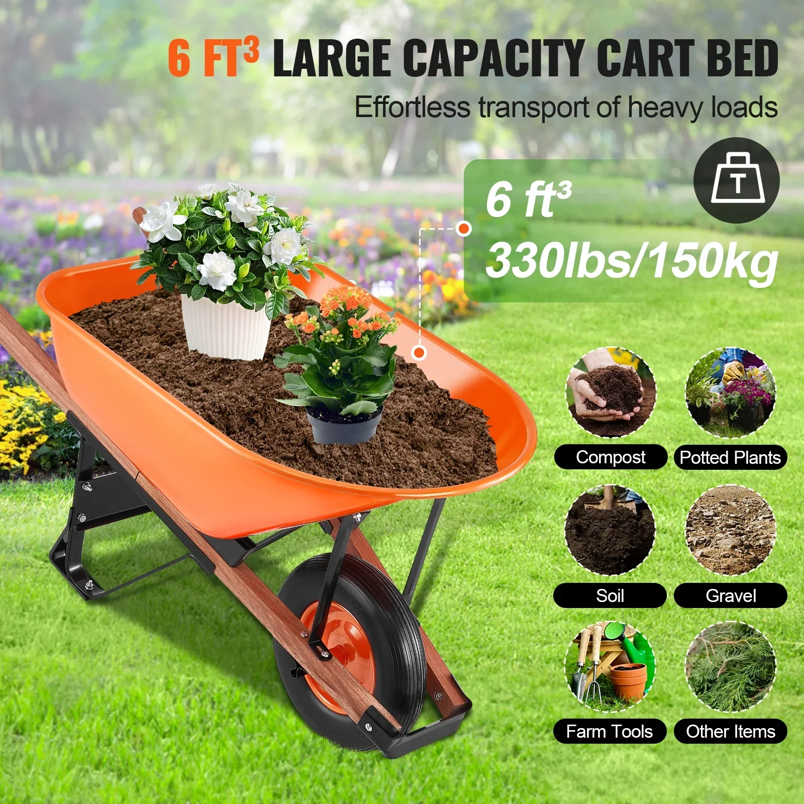 KFFKFF 6 Cu. Ft. Utility Cart, 330 lbs Load, Single Wheel Yard Dump Cart with Steel Handle & 16-inch Broad Track Wheels, Simplified Loading for Garden, Lawn & Farm Use