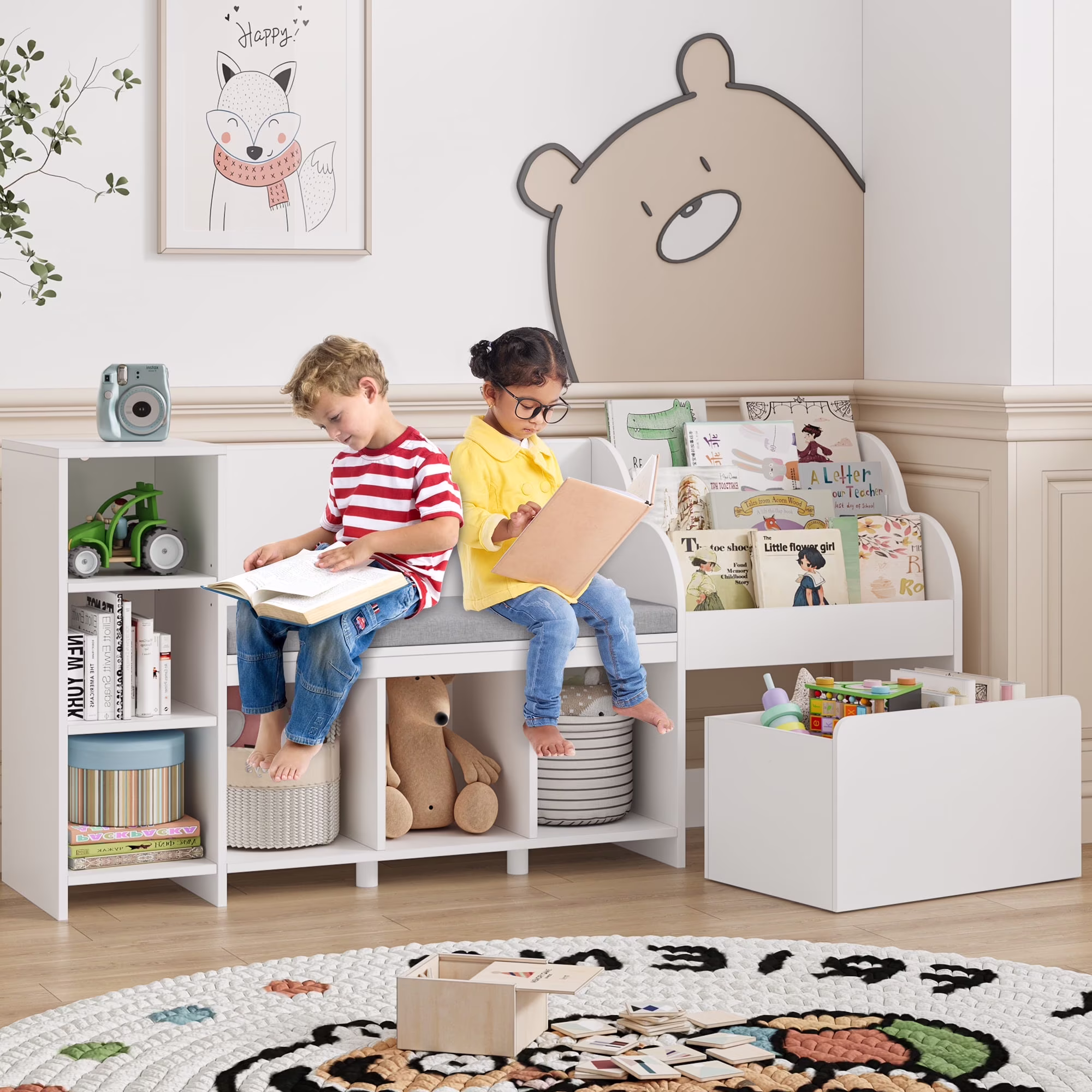 Kids Bookshelf with Reading Nook, 6 Shelf Bookcase with 1 Wood Toy Bin with 3 Tier Book Rack for Children Kidsroom(White)