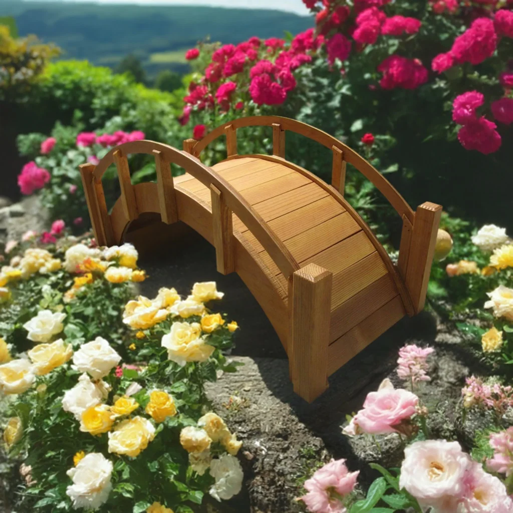 SamsGazebos Miniature Japanese Wood Garden Bridge, 25-Inch, Tan, Waterproofed
