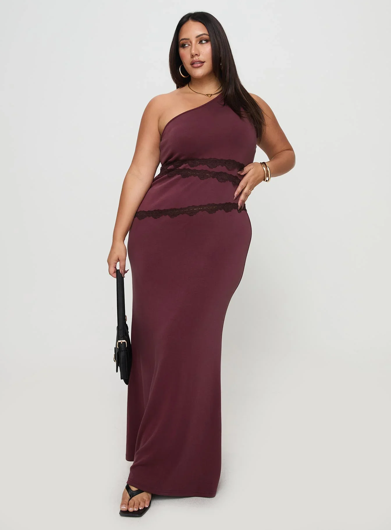 Ultraviolet One Shoulder Lace Maxi Dress Wine Curve