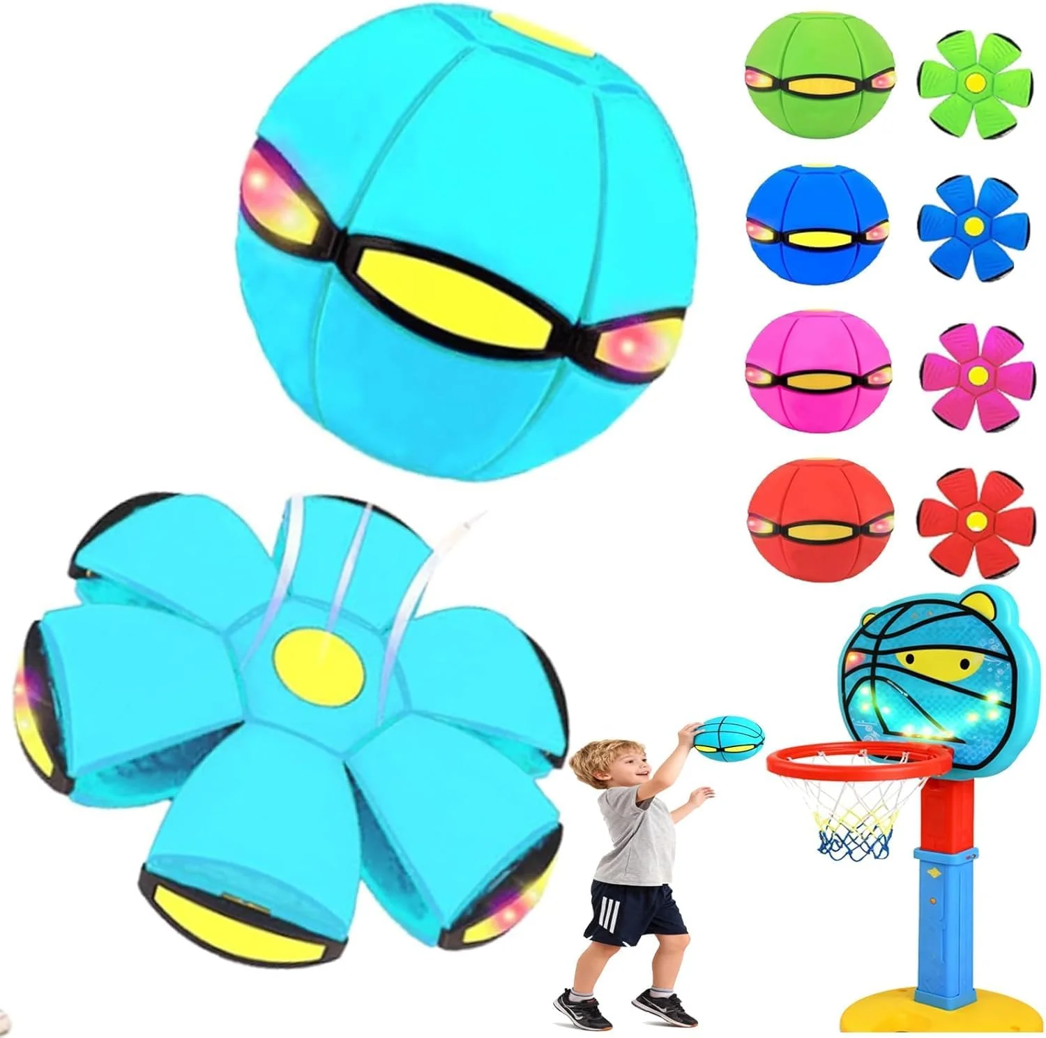 Magic Transforming Flying Saucer Ball - 2-in-1 Bouncing Toy with 6 LED Lights for Kids