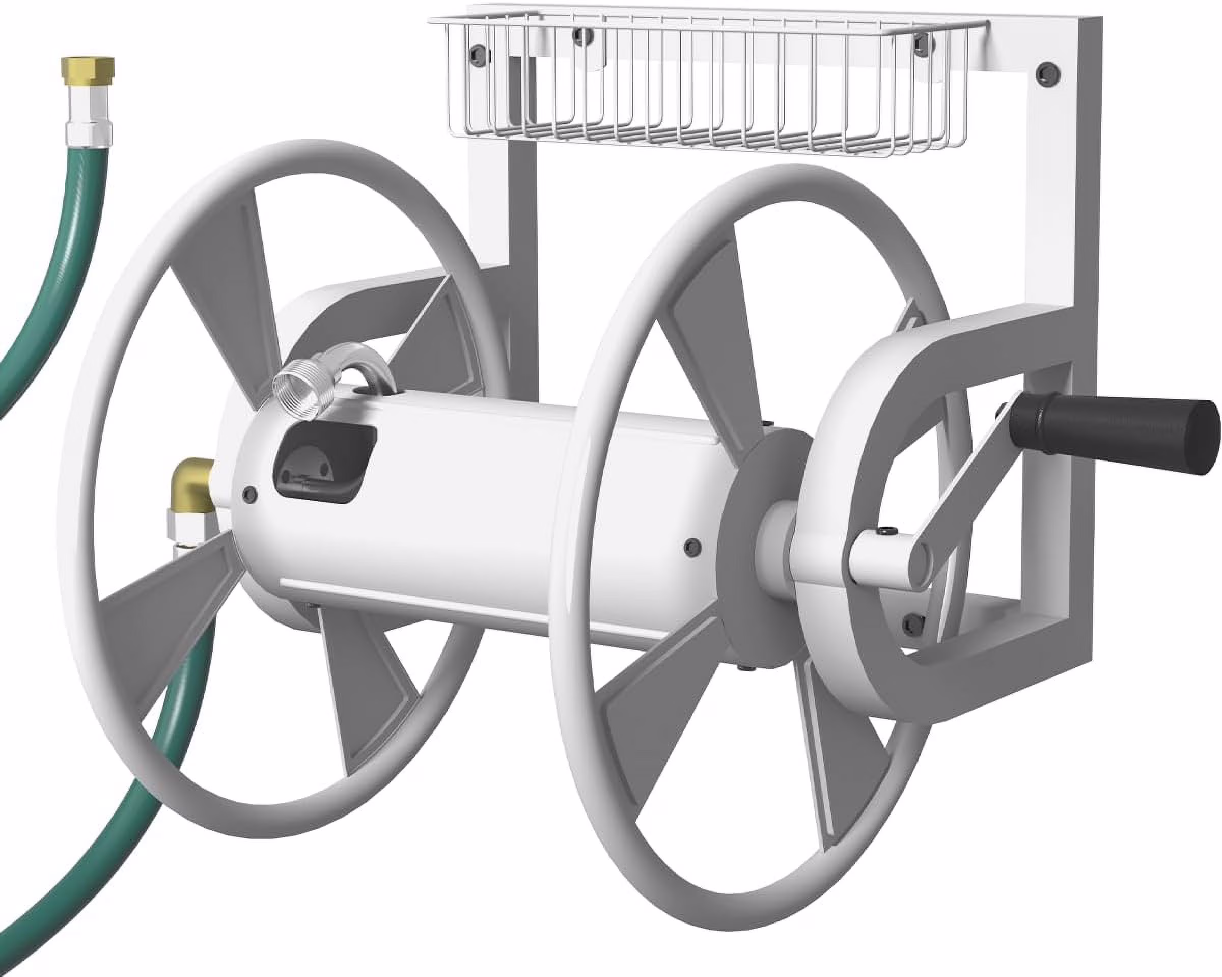 Garden Wall Mounted Hose Reel, Outdoor Heavy-Duty Water Hose Holder Winder, Holds 125 Feet of 5/8-Inch Hose, with 3.9 ft Leader Hose, Brass Fitting and Storage Basket for Yard, White