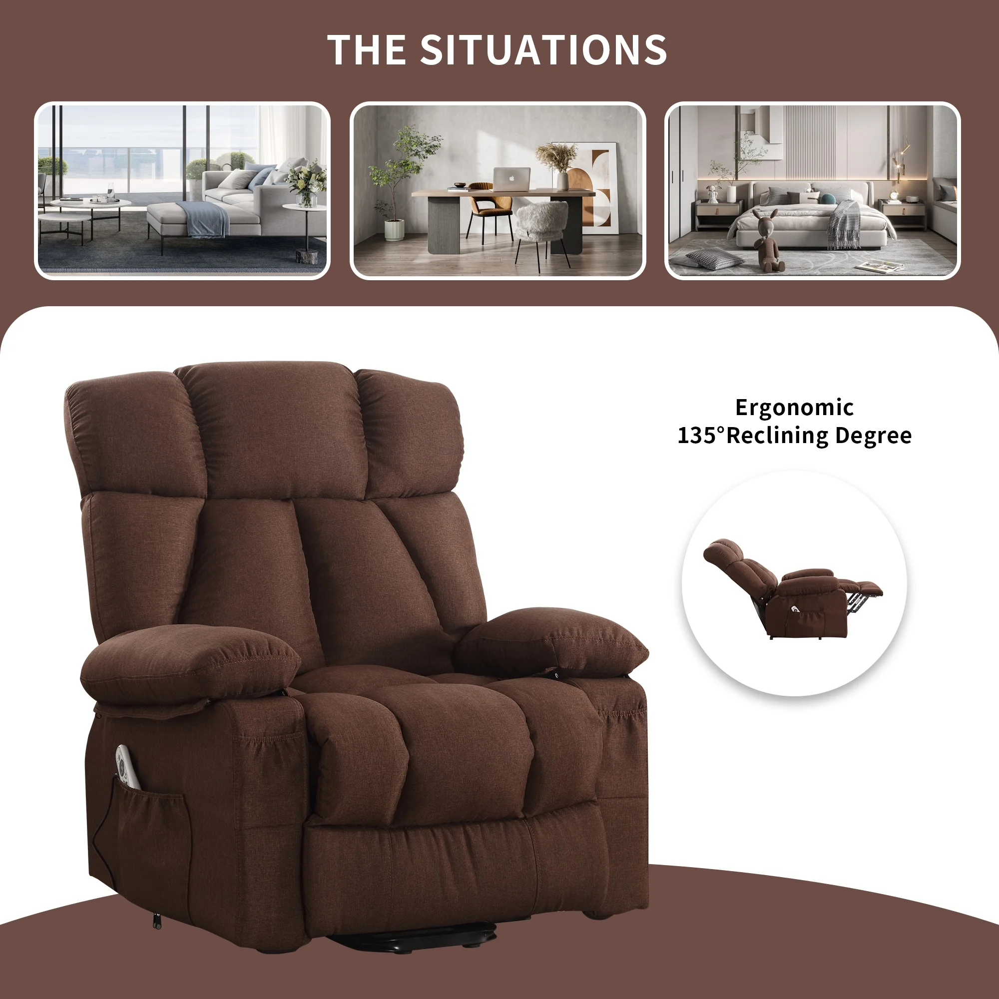 Power Lift Recliner Chair Recliners for Elderly with Heat and Massage Recliner Chair for Living Room with Infinite Position and Side Pocket,USB Charge Port,Brown(Regular-Brown) - Image 6