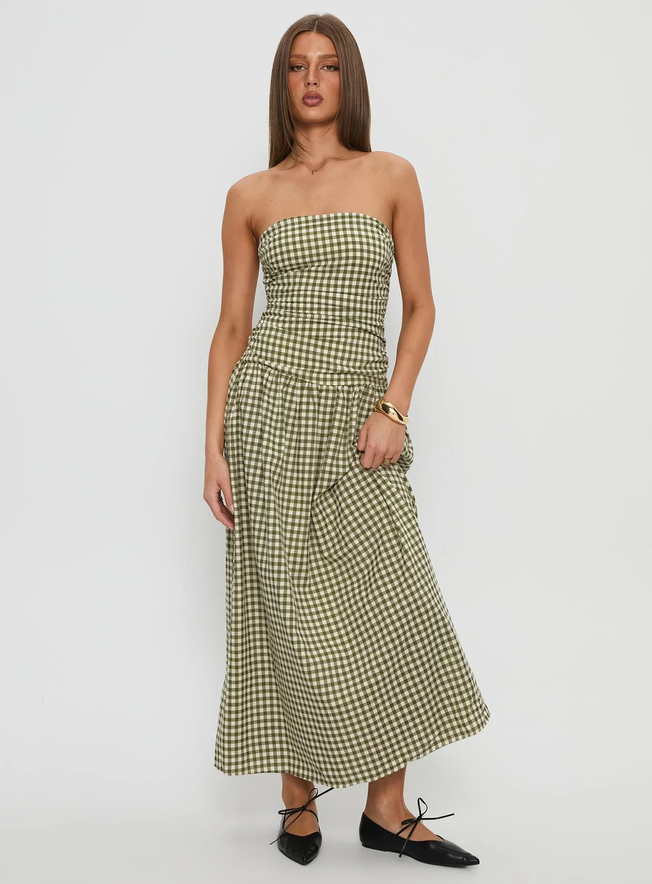Frankey Strapless Drop Waist Maxi Dress Green Check