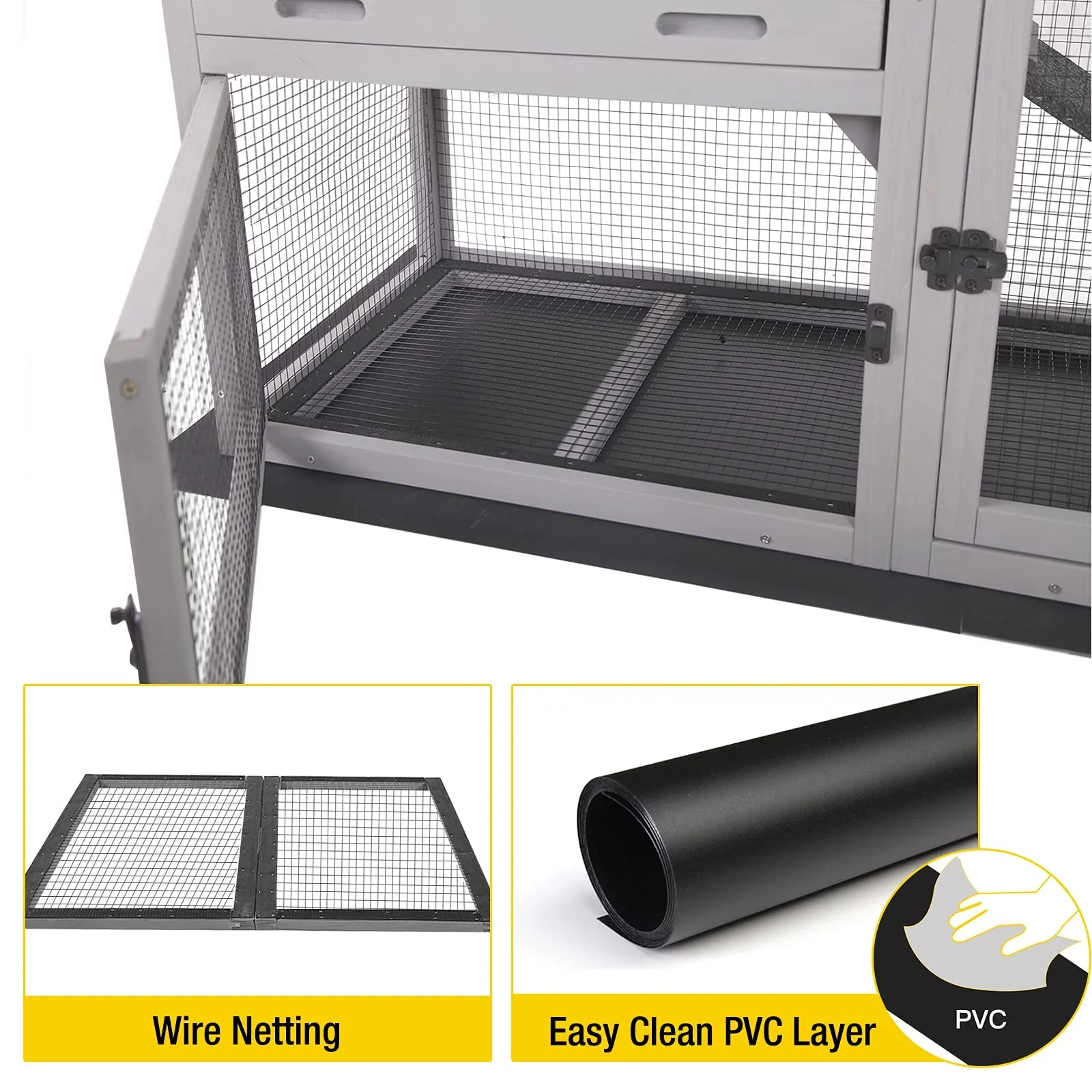 Rabbit Hutch Outdoor Indoor Bunny Cage with Pull Out Tray, Upgraded Chicken Coop with Removable Wire Mesh Bottom, Gray - Image 4