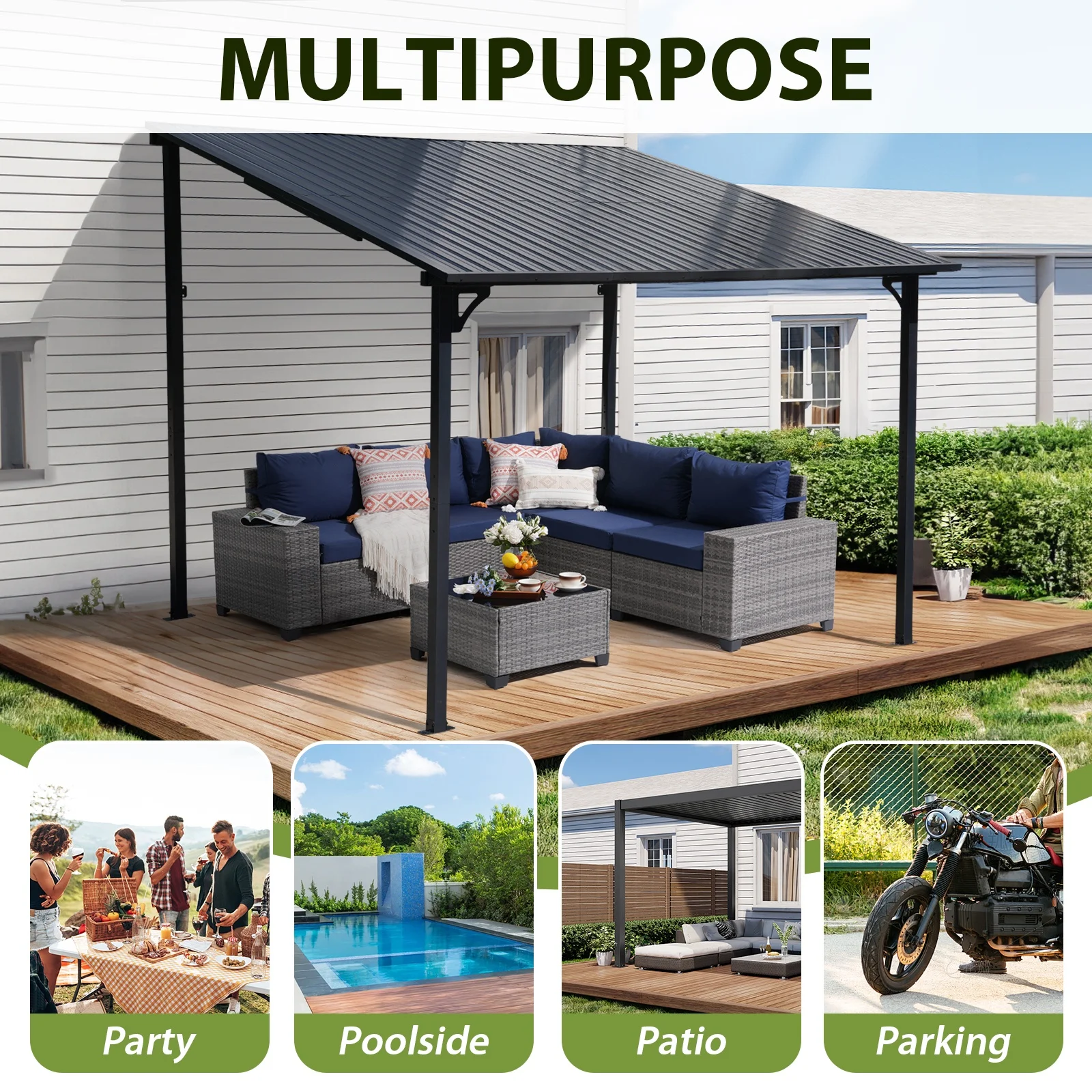 8' x 10' Outdoor Lean to Gazebo, Hardtop Wall Mounted Gazebo with Sloping Roof, Awnings for Patio with All-Iron Frame, Pergolas for Patio, Backyard, Deck(8' x 10') - Image 8