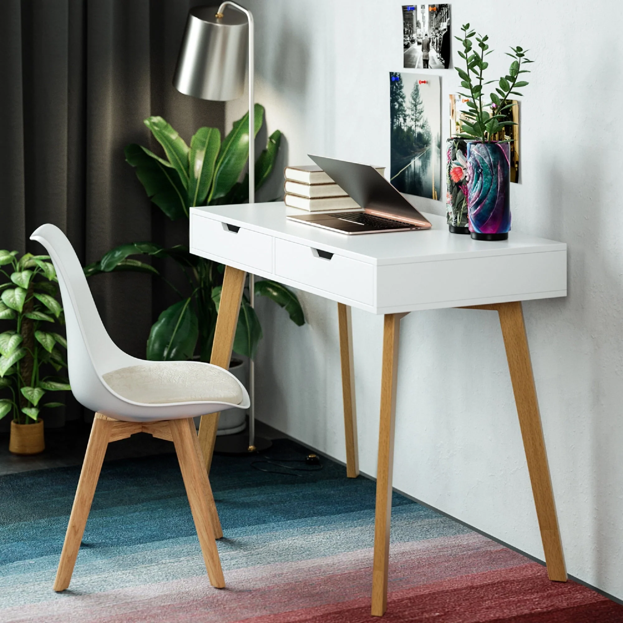 White Desk with Drawers, Study Work Desk Table for Home Office Writing(A)