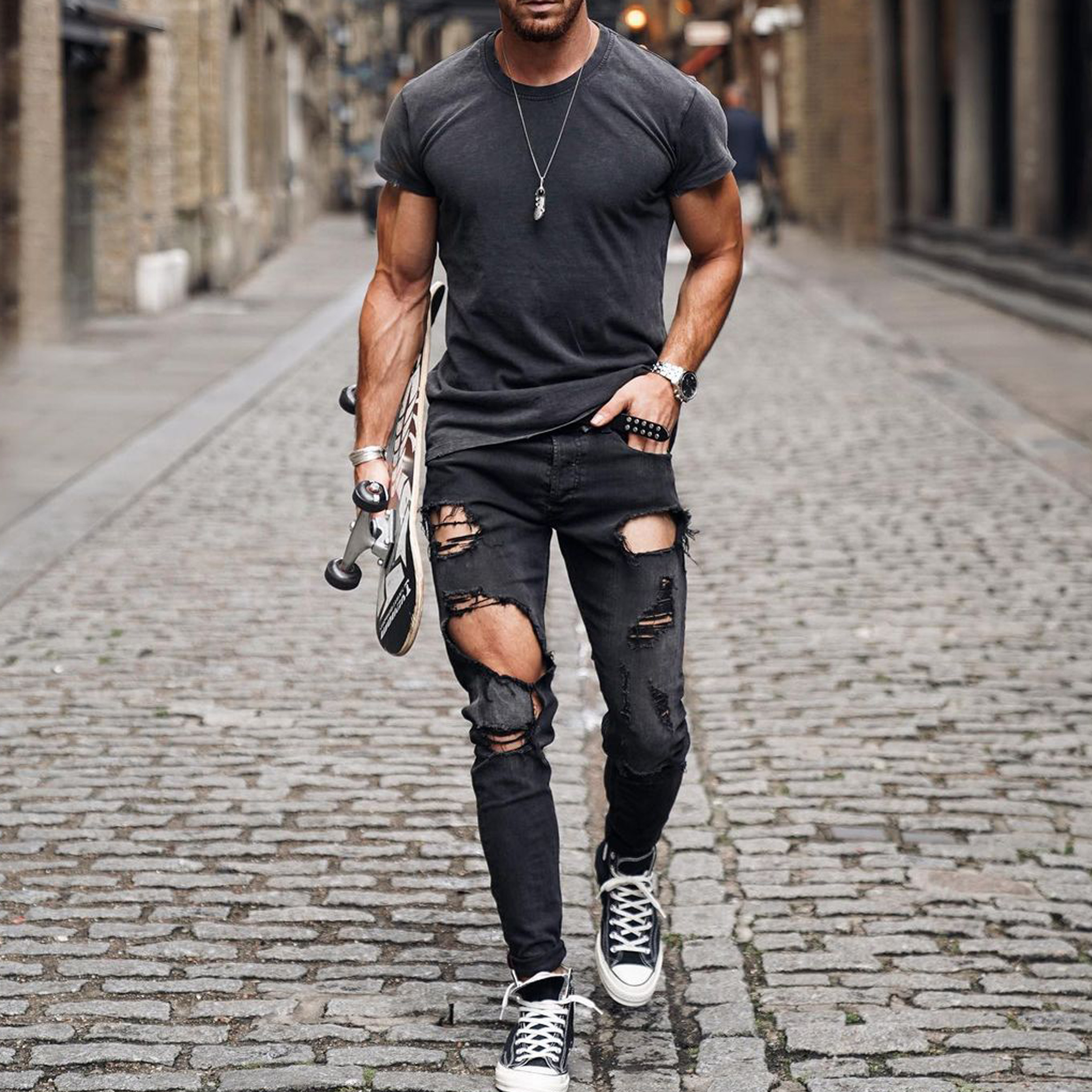 T-shirt homme rétro style motard, basique décontracté au quotidien, col rond, manches courtes, en coton