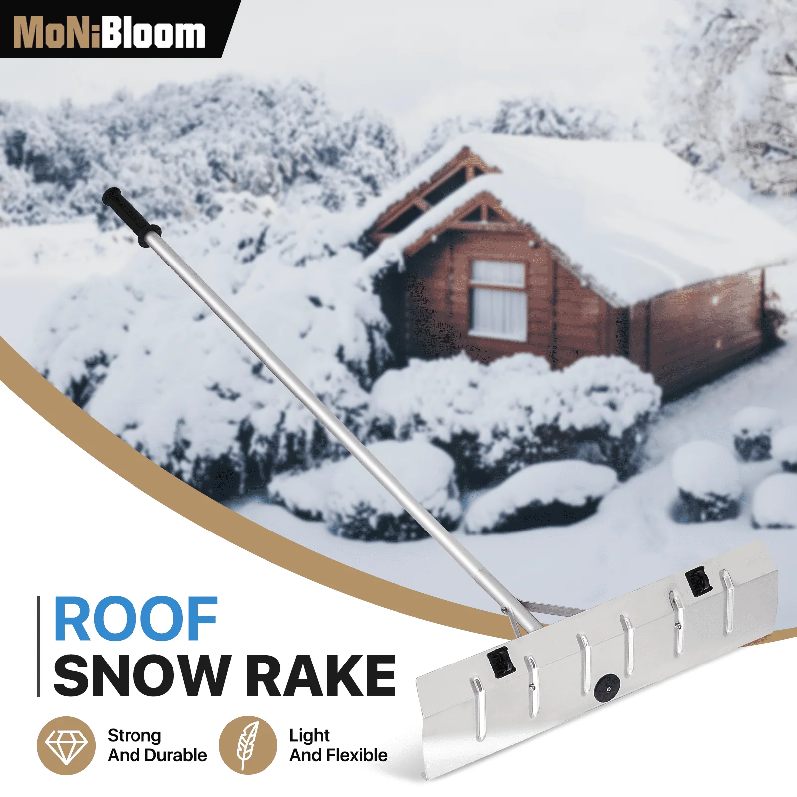Monibloom 20FT Aluminum Snow Roof Rake, Extendable Snow Shovel Adjustable Sectional Snow Removal Tool with Wheels and Anti - Slip Handle for Roof Car, Silver