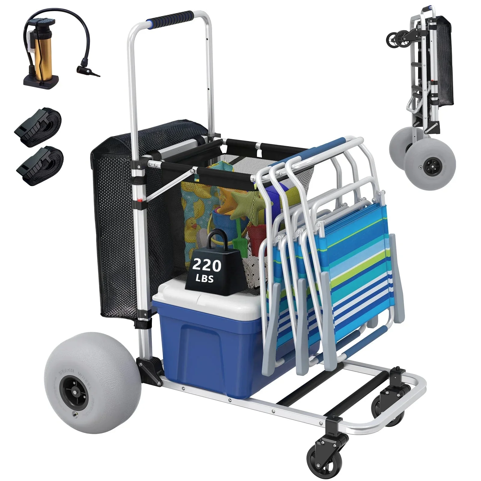Chariot de plage pliable avec poignée réglable et roues ballons de 30 cm (12 po), en aluminium robuste, capacité de 100 kg (220 lb).