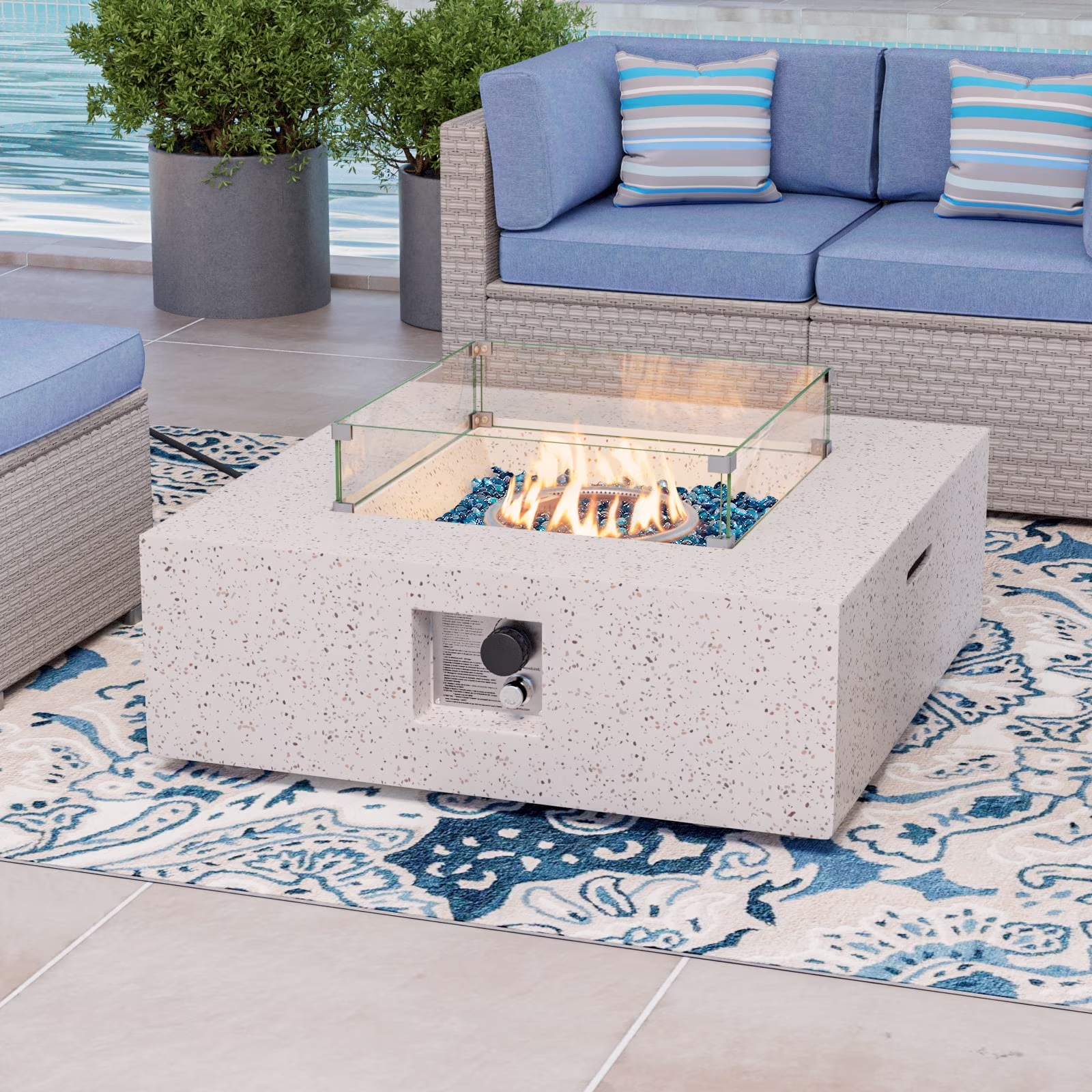 35" Square Concrete Fire Pit Table with Fire Glass Wind Guard(Brown/Blue Fire Glass) - Image 6