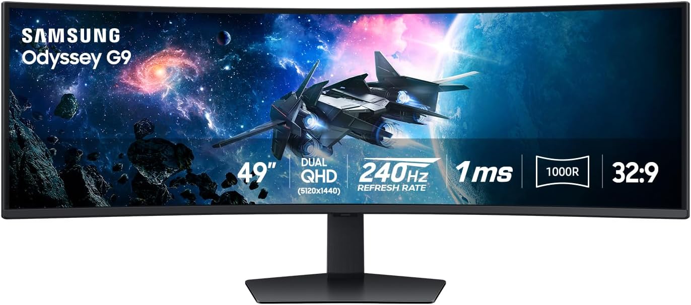 Samsung 49” Odyssey G9 Series DQHD 1000R Curved Gaming Monitor  1ms(GtG)  VESA DisplayHDR 1000  240Hz  AMD FreeSync Premium Pro  Height Adjustable Stand  Ultrawide Screen  LS49CG954ENXZA  2024