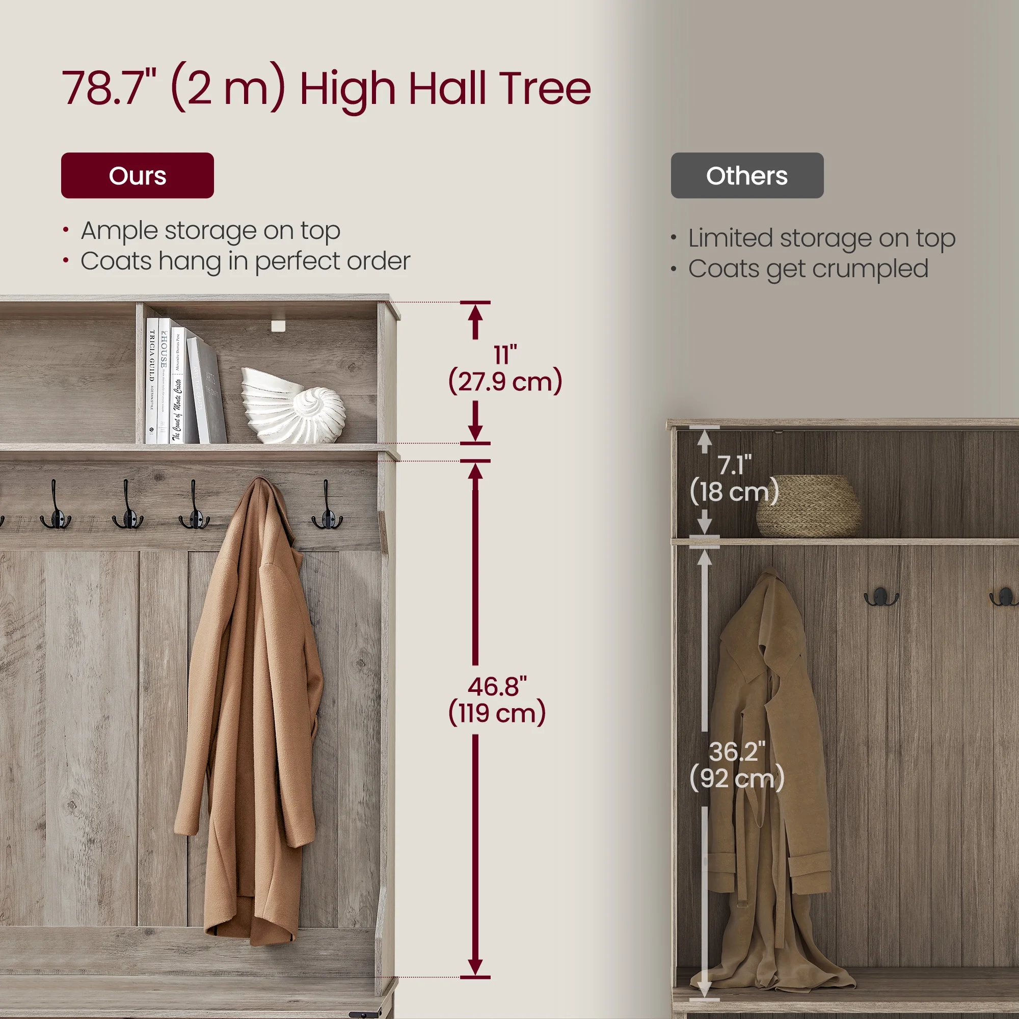 Hall Tree, Coat Rack with Shoe Bench, Entryway Furniture, Tri - Hooks, Rustic White and Honey Brown